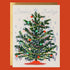 Cream colored greeting card with a green Christmas tree on it. The tree is decorated with multi colored ornaments and holographic tinsel. The card reads, "Season's Greetings" and has a holographic silver star at the top of the tree. 