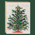 A cream colored card sits against a dark green background. On the front of the card there is a drawing of a dark green Christmas tree. There are yellow and red Christmas lights up and down the tree. There are green, red and pink ornaments spread out all over the tree. Silver tinsel is hanging on the end of each tree branch. At the bottom is a red tree skirt. At the top is a sliver star. Above the tree in silver script it reads ‘season's greetings.’ The card is accompanied by a white envelope.