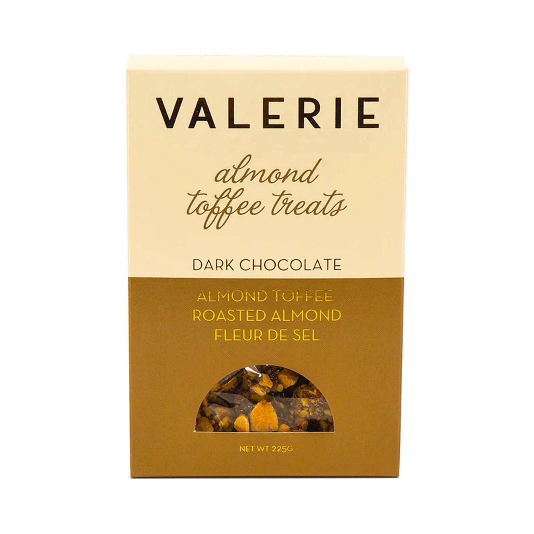 Almond Toffee Treats with gold text on the front of the box. The toffee treats are small clusters of almond, chocolate and toffee bits. 