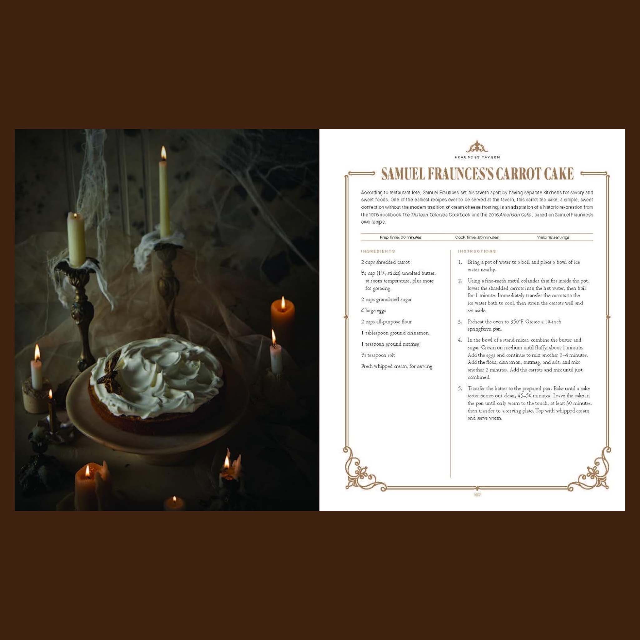 A recipe for a carrot cake with an image from the cookbook where the cake is featured with white frosting and tall flamed candles next to it.