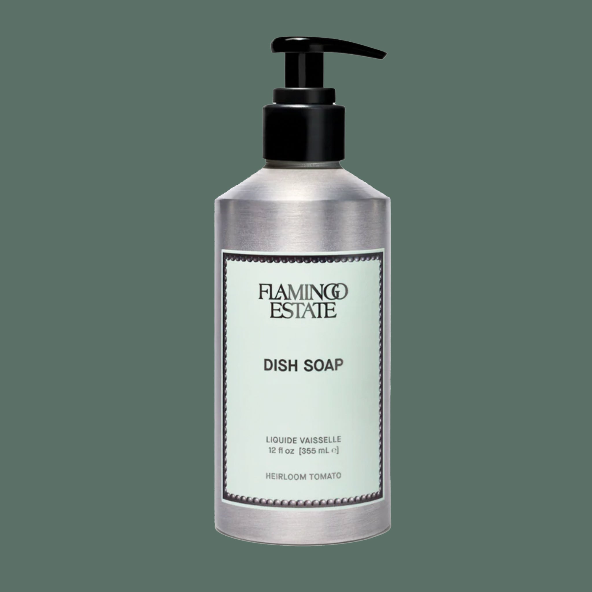 A silver bottle of dish soap with a light blue label that reads, 'Flamingo Estate Dish Soap'. 