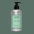 A silver bottle of soap with a light teal label with black text that reads, 'Flamingo Estate Hand Soap". 