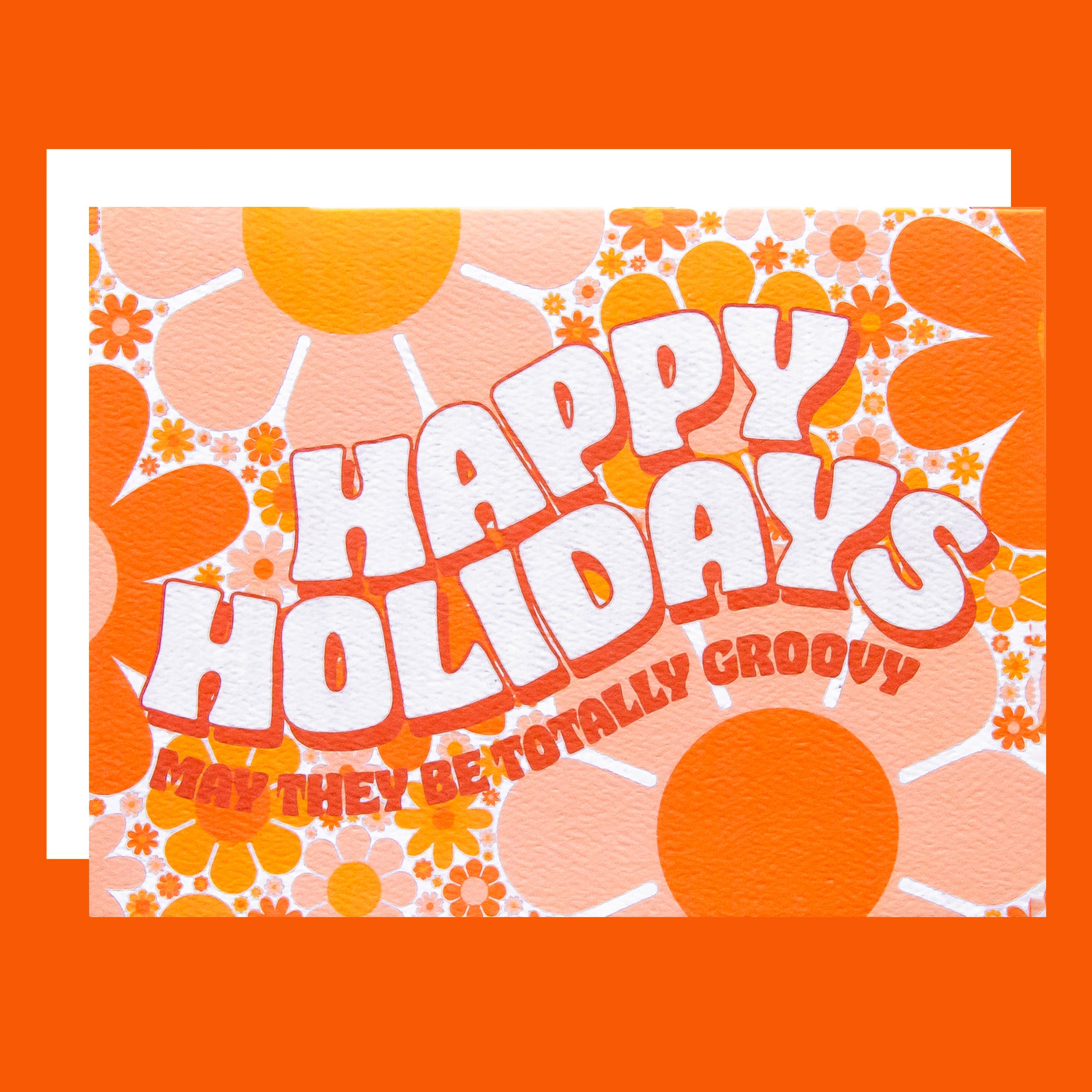 Happy Holidays card with retro design on an orange background