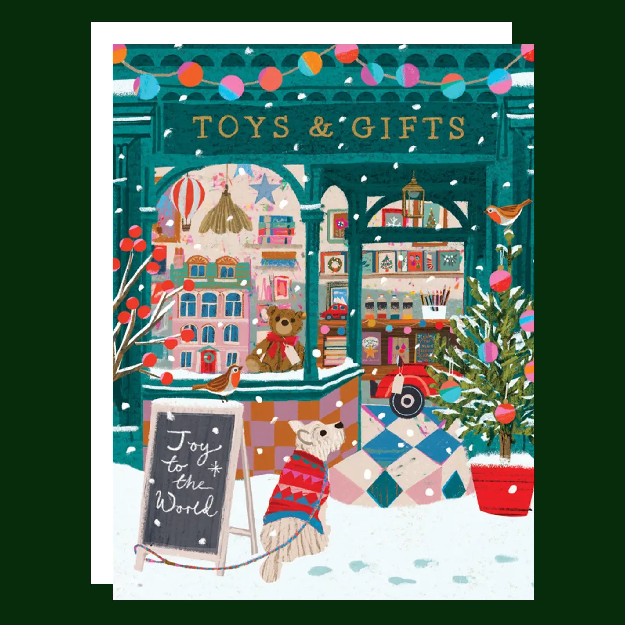 A card with a colorful illustration of a toy store and text that reads, 'Toys & Gifts'. 