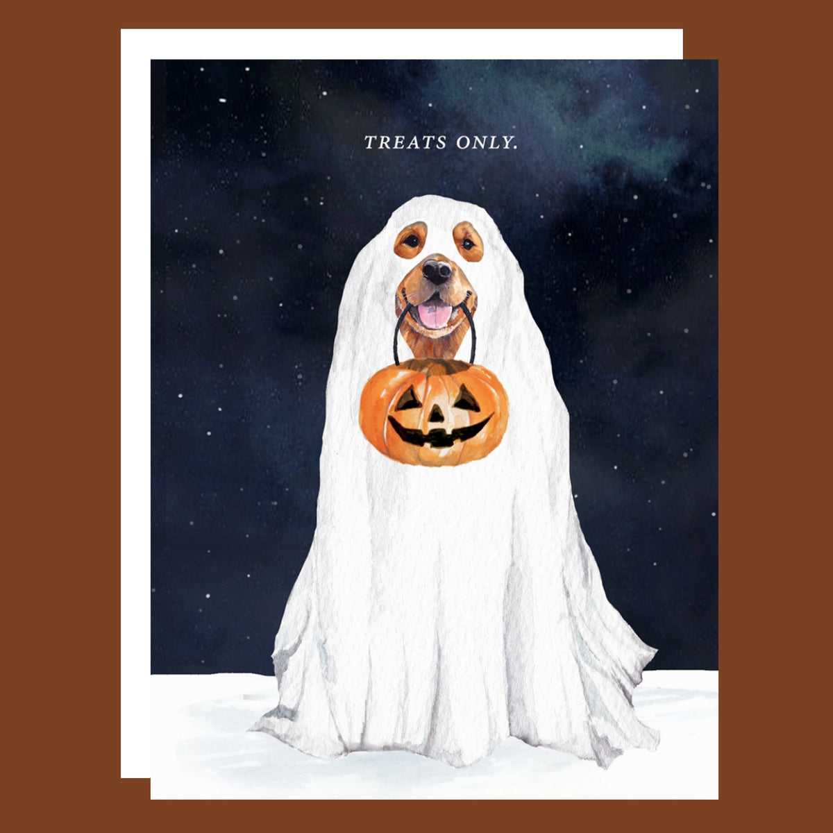 A square Halloween greeting card featuring a dog dressed as a ghost with a carved orange pumpkin held in its mouth, set against a starry night sky. The card reads 'TREATS ONLY.