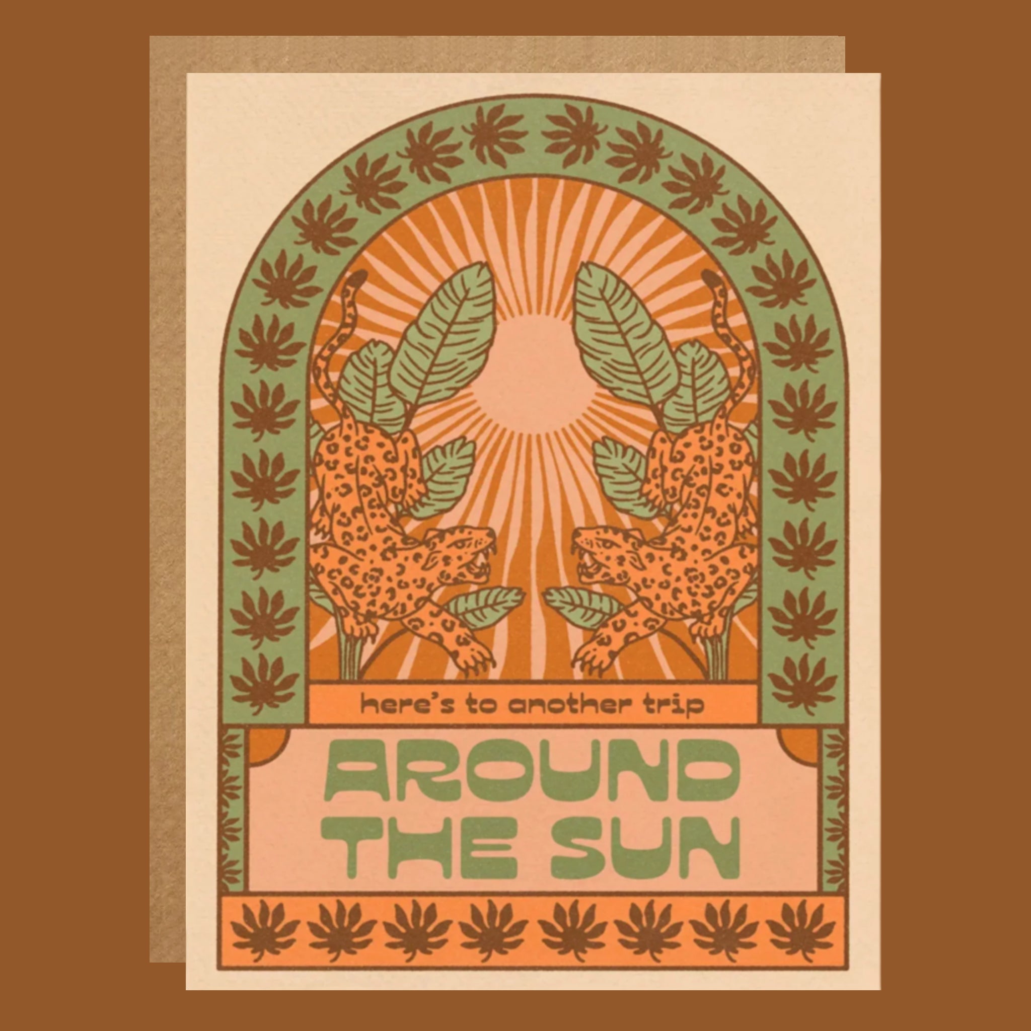 Decorative card with leopards, sun, and leaf patterns on a brown background