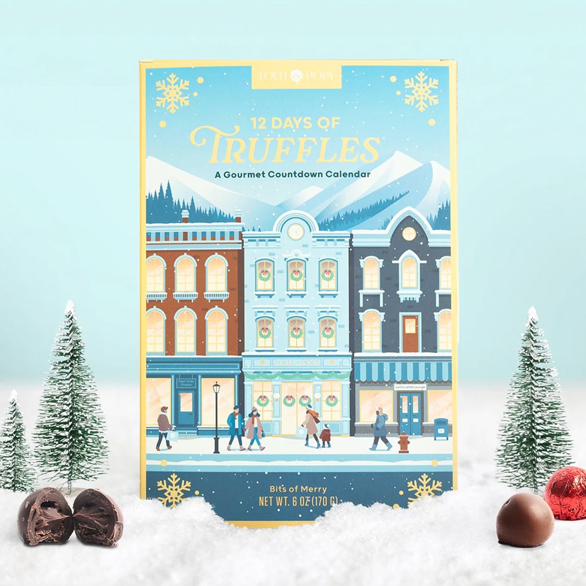 A blue box truffles with text that reads, "12 Days of Truffles A Gourmet Countdown Calendar". 
