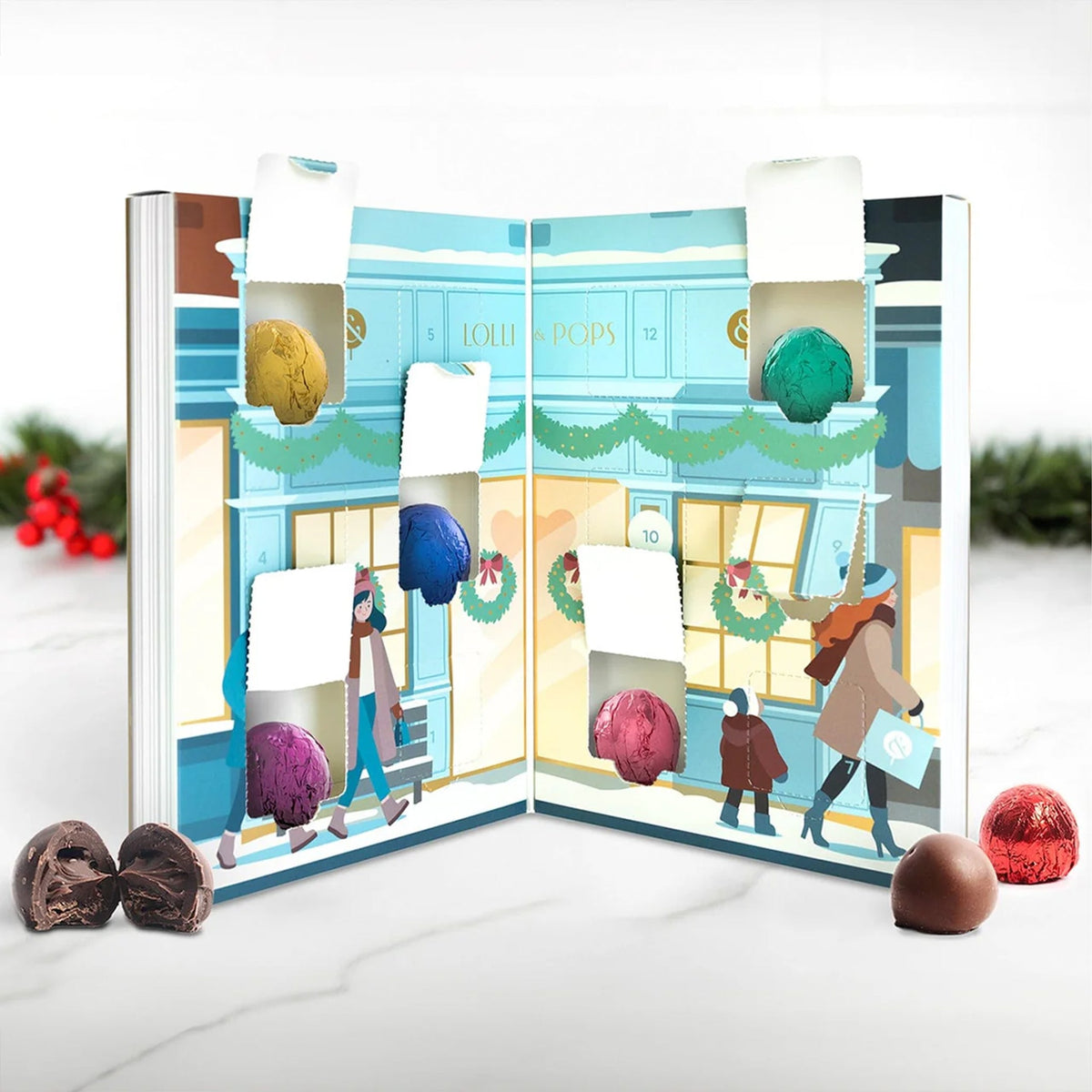 A blue box truffles with text that reads, "12 Days of Truffles A Gourmet Countdown Calendar". 