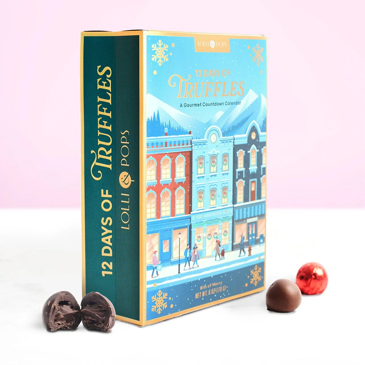 A blue box truffles with text that reads, "12 Days of Truffles A Gourmet Countdown Calendar". 