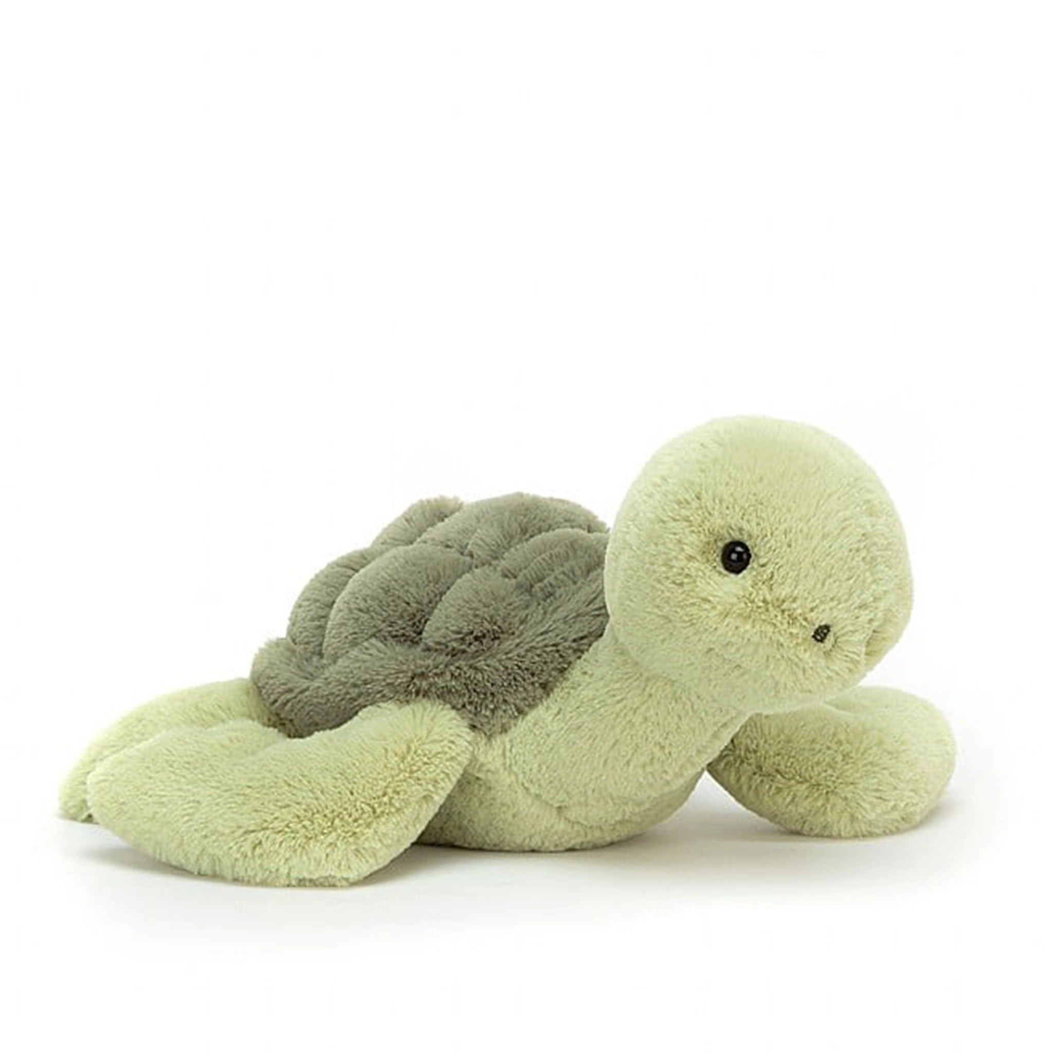 On a white background is a light green turtle stuffed animal. 