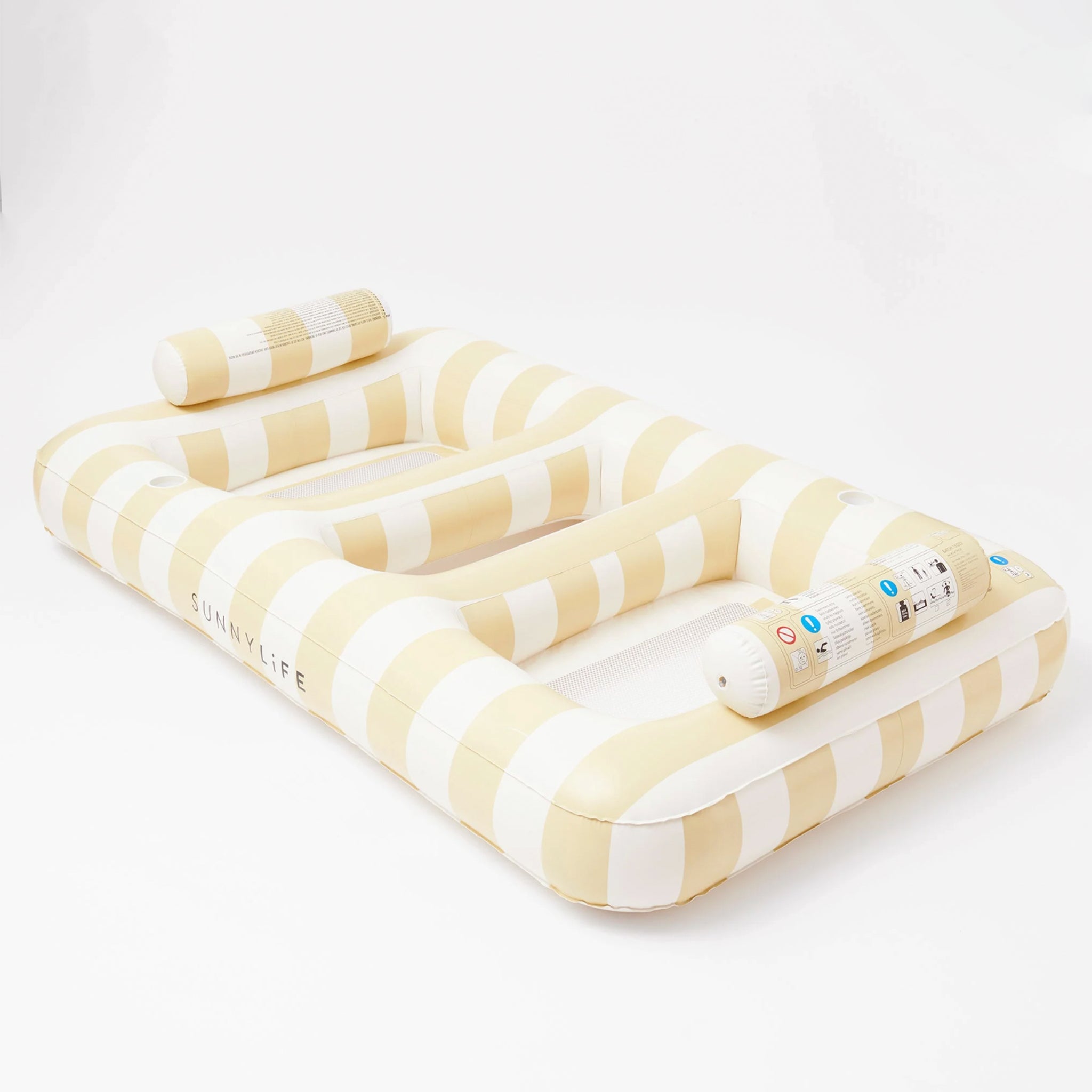 A two person ivory and light yellow striped pool float with a mesh loining and cup holders.