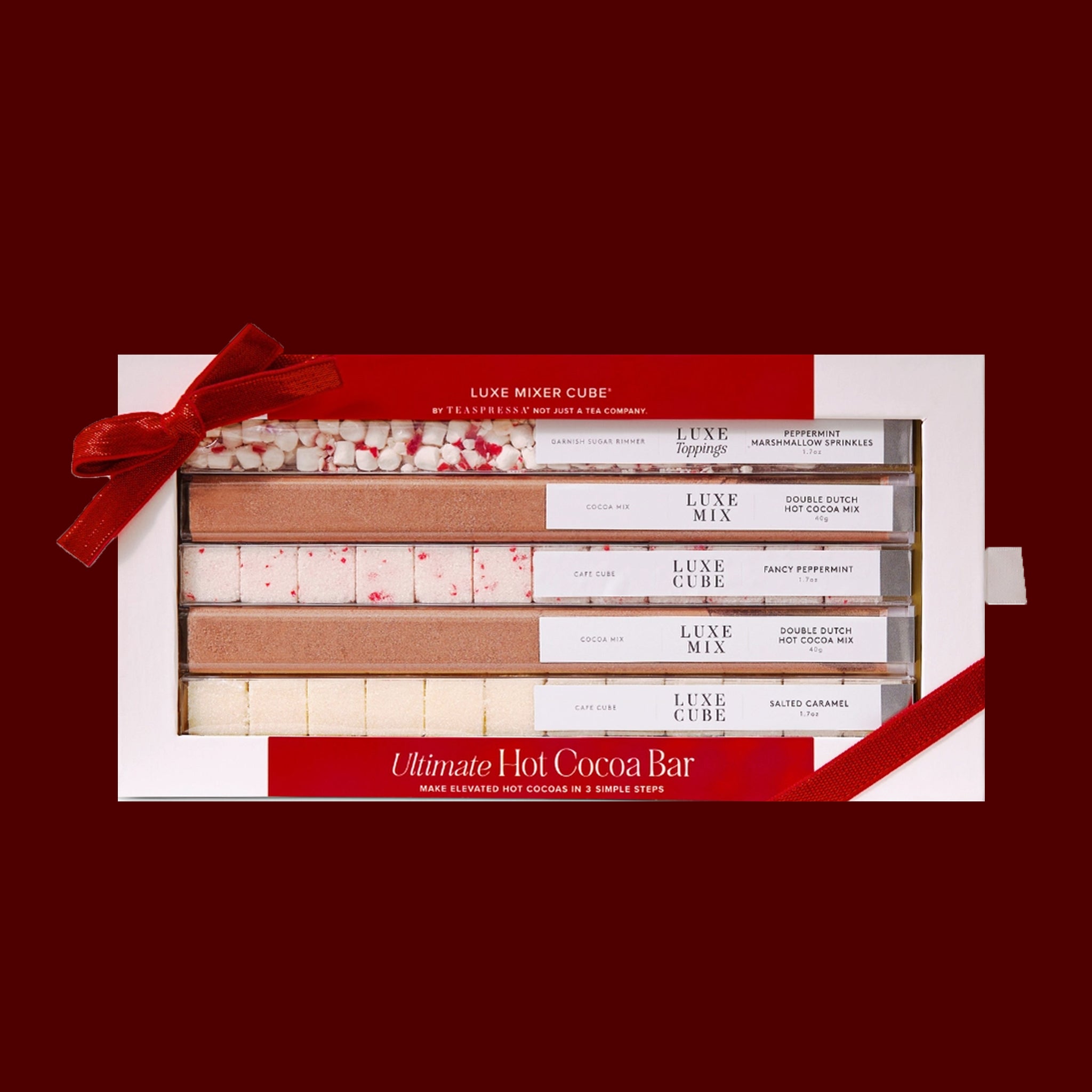 A red and white box of hot chocolate cube mix. 