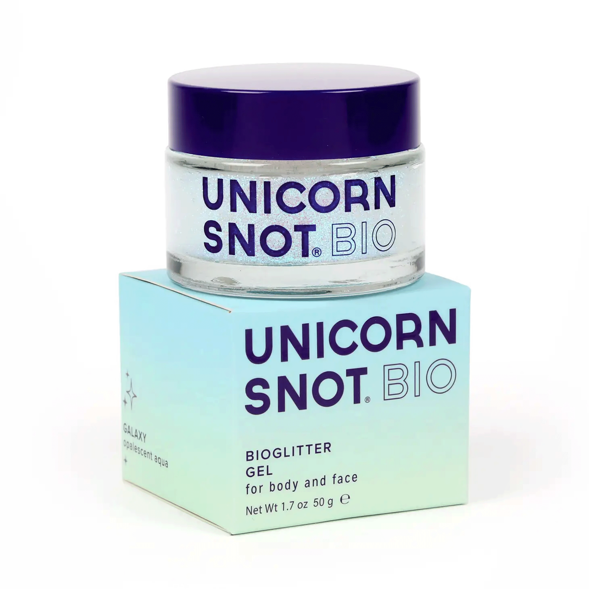 On a white background is a jar of body glitter with a blue lid and text across the front that reads, &quot;Unicorn Snot BIO&quot;.