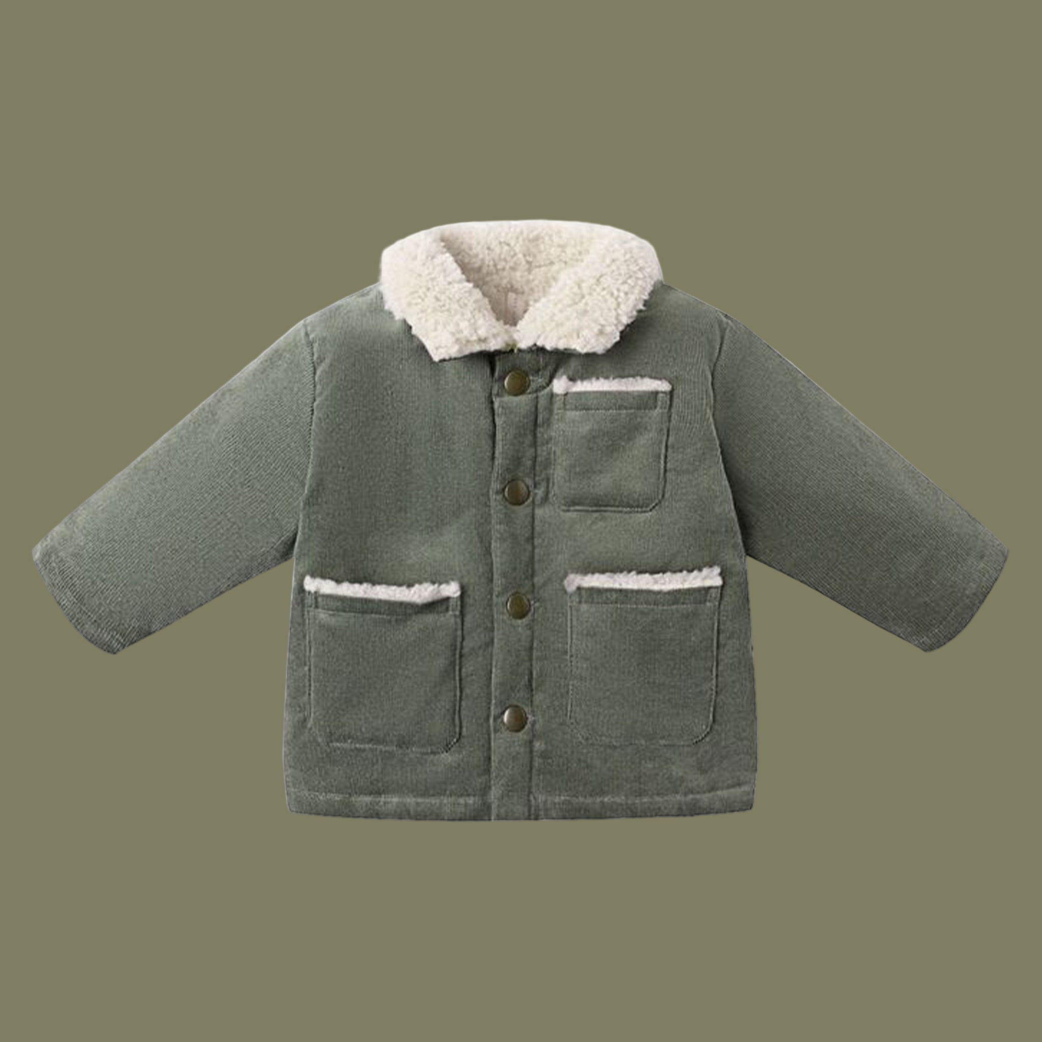 A green utility jacket with a cream colored boucle collar. 