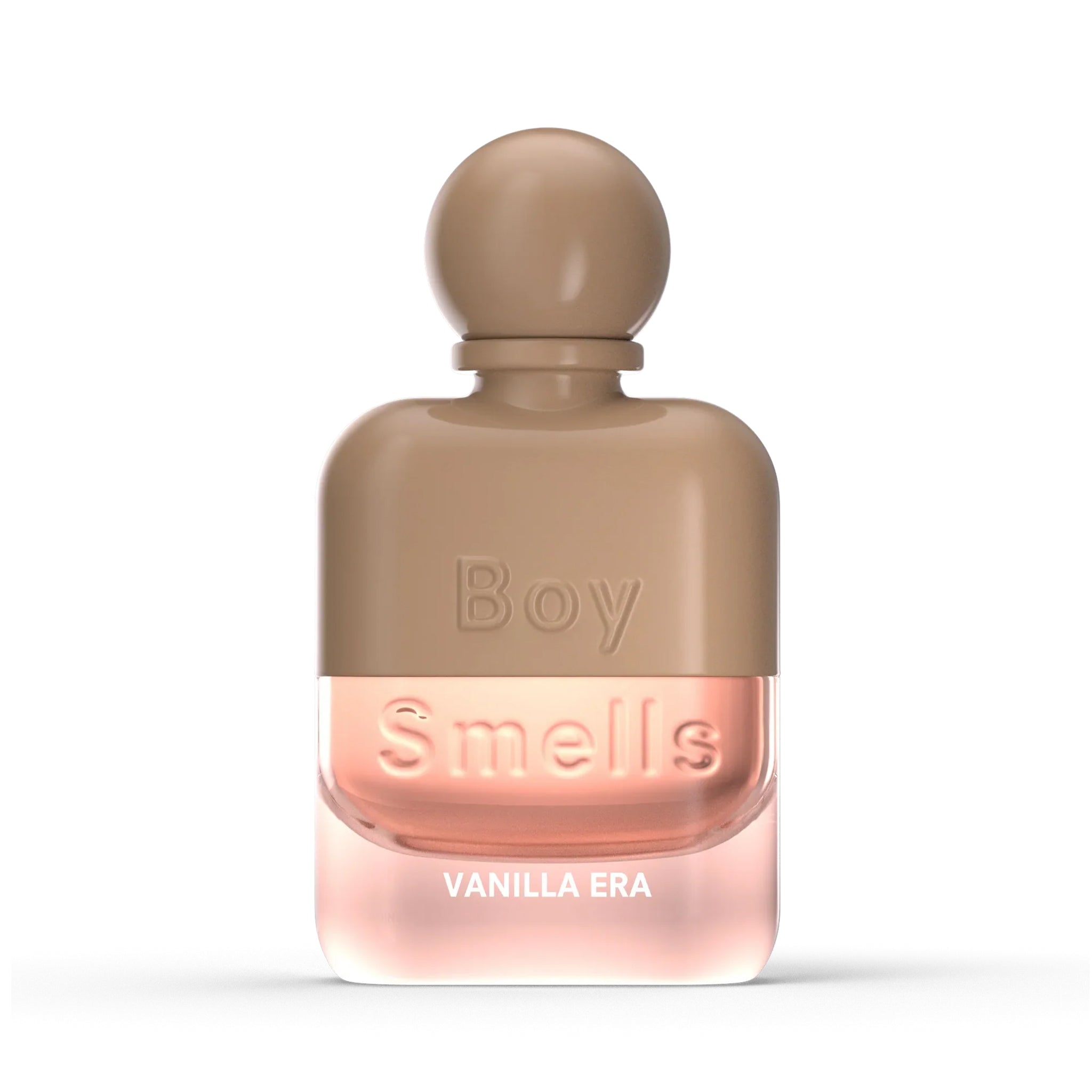 A brown and light pink bottle of perfume with text that reads, &#39;Boy Smells Vanilla Era&#39;. 