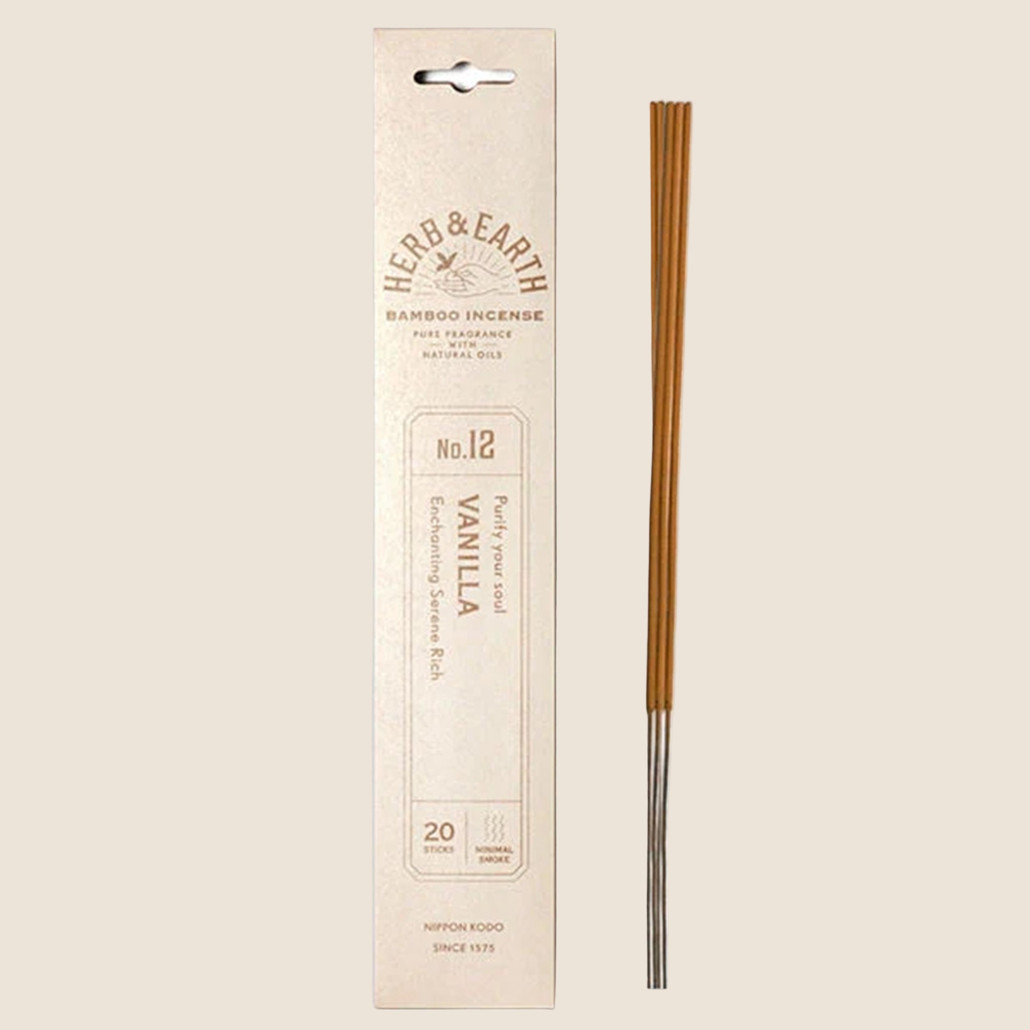 A cream colored pack of incense sticks with text that reads, &#39;Herb &amp; Earth Vanilla Bamboo Incense&#39;. 