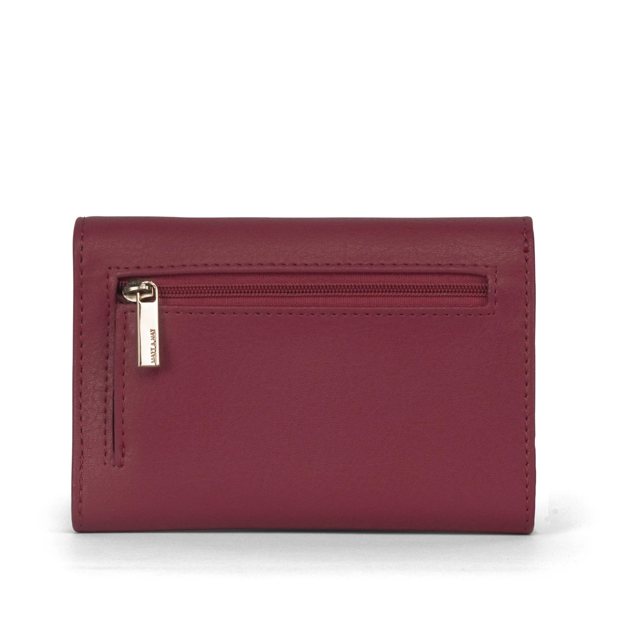 On a white background is a dark cherry red wallet with a back zipper for coins.