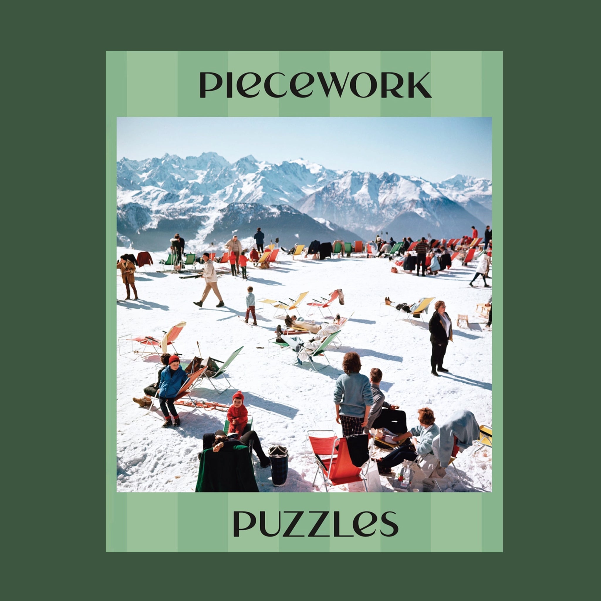 "Verbier Vacation Piecework Puzzle". A green striped puzzle box with a photo of a snowy ski slopes image. 