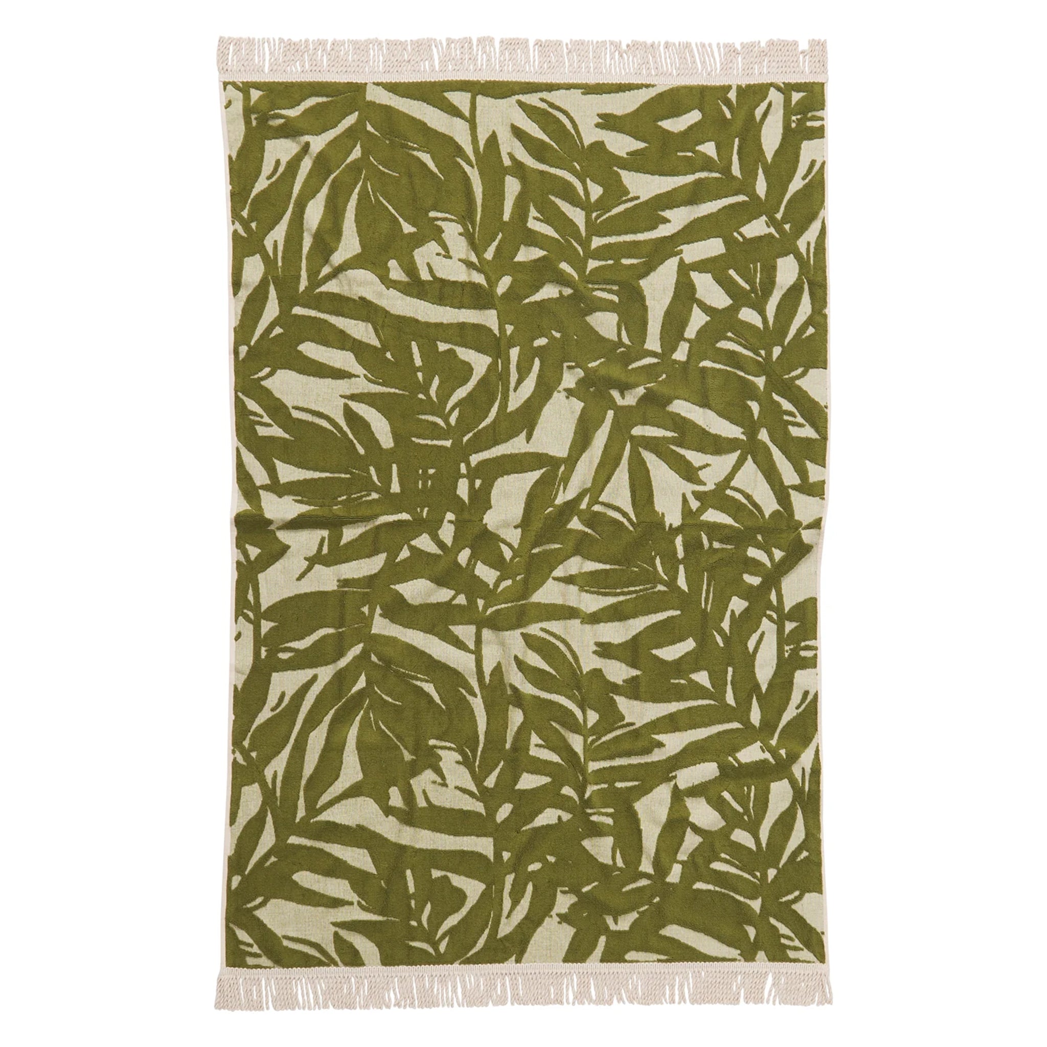 A green and ivory bamboo printed bath towel with tassel ends on both sides. 