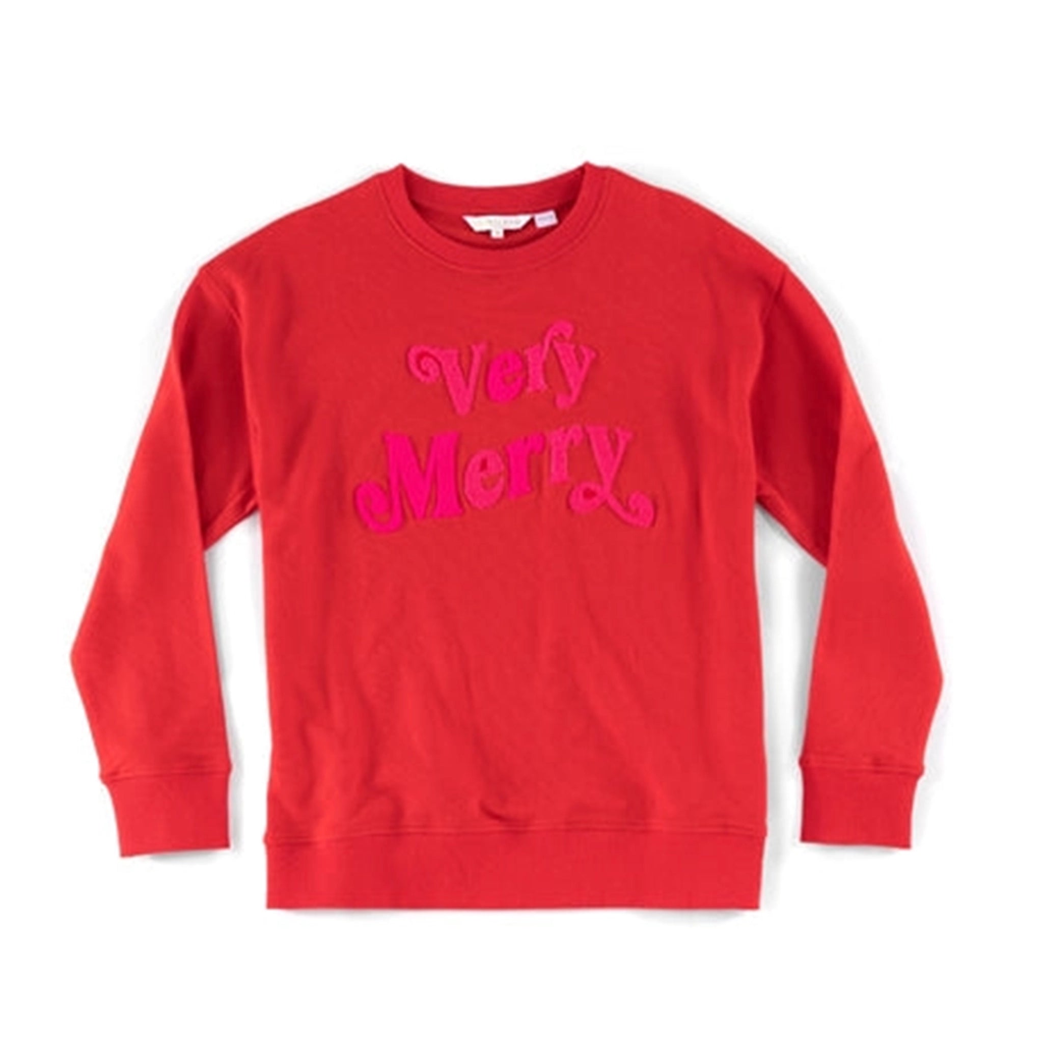 On a white background is a red crewneck sweater with hot pink text across the front that reads, &quot;Very Merry&quot;.