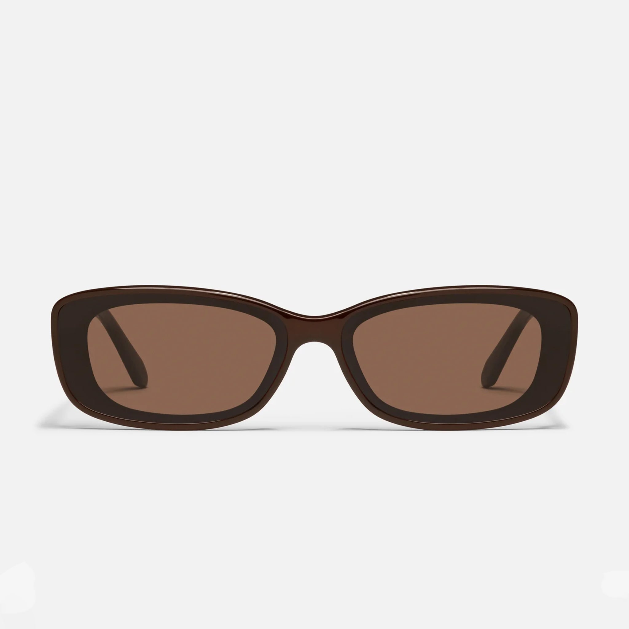 A chocolate framed rectangle pair of sunglasses. 