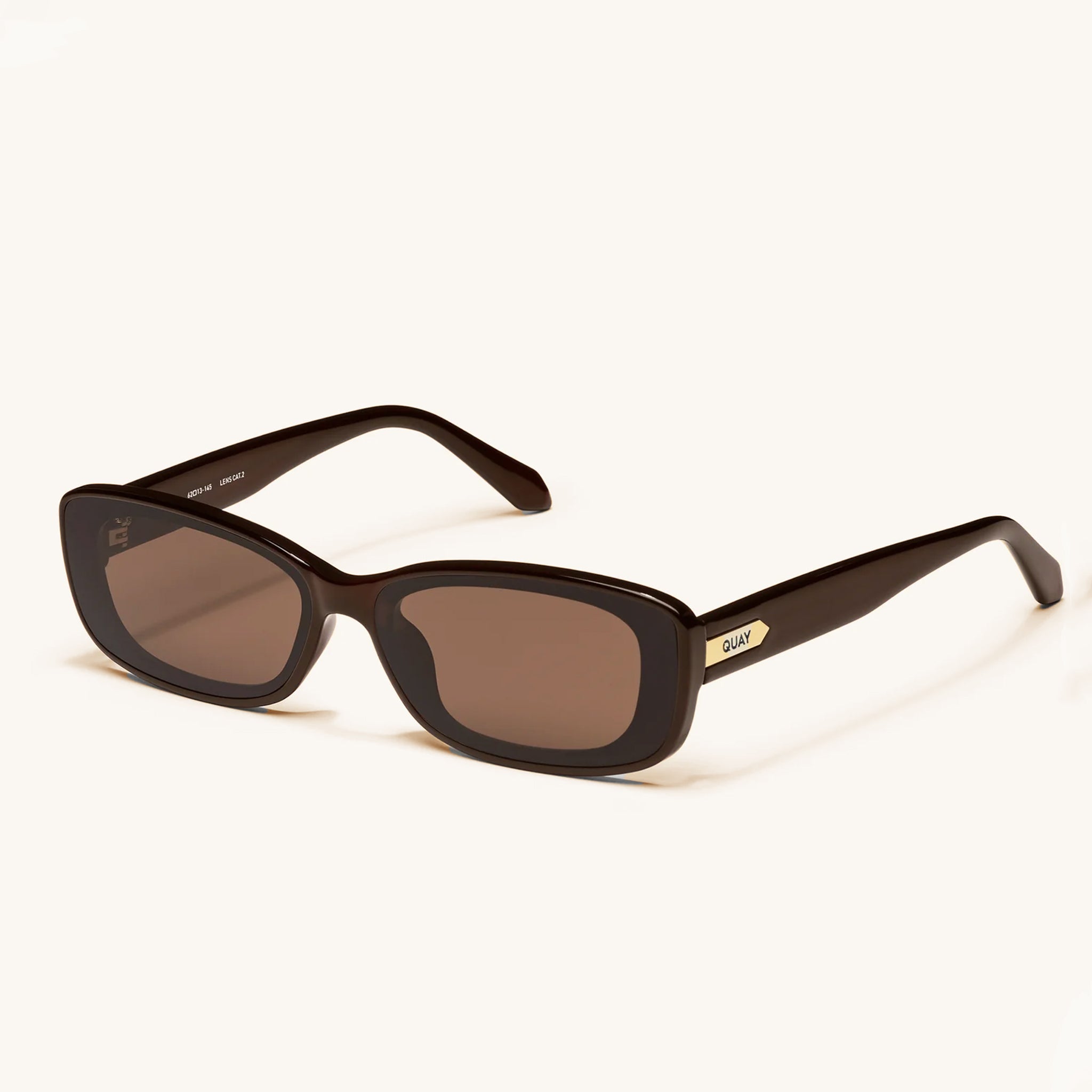 A chocolate framed rectangle pair of sunglasses. 