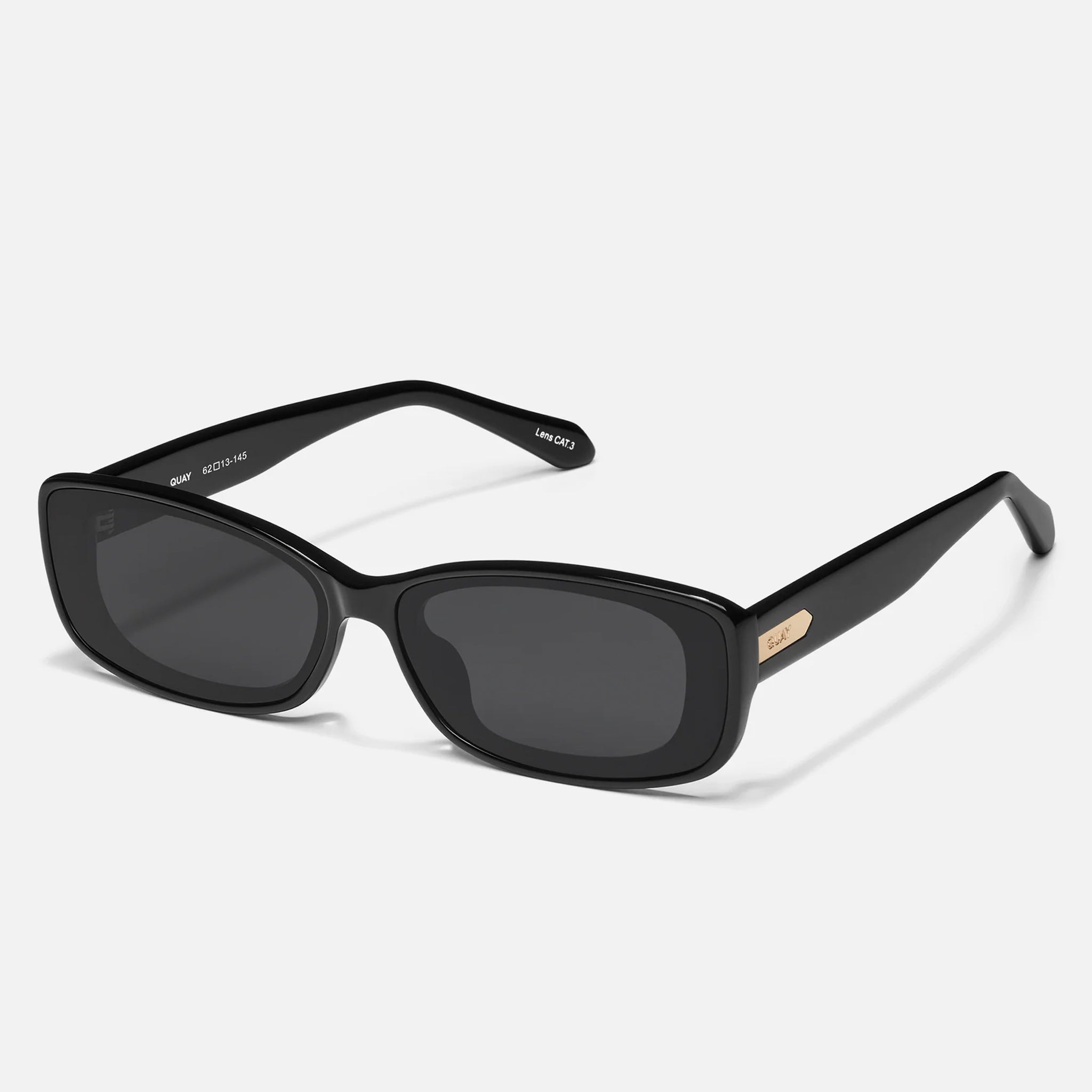 A black rectangle shaped sunglass with dark grey lenses. 