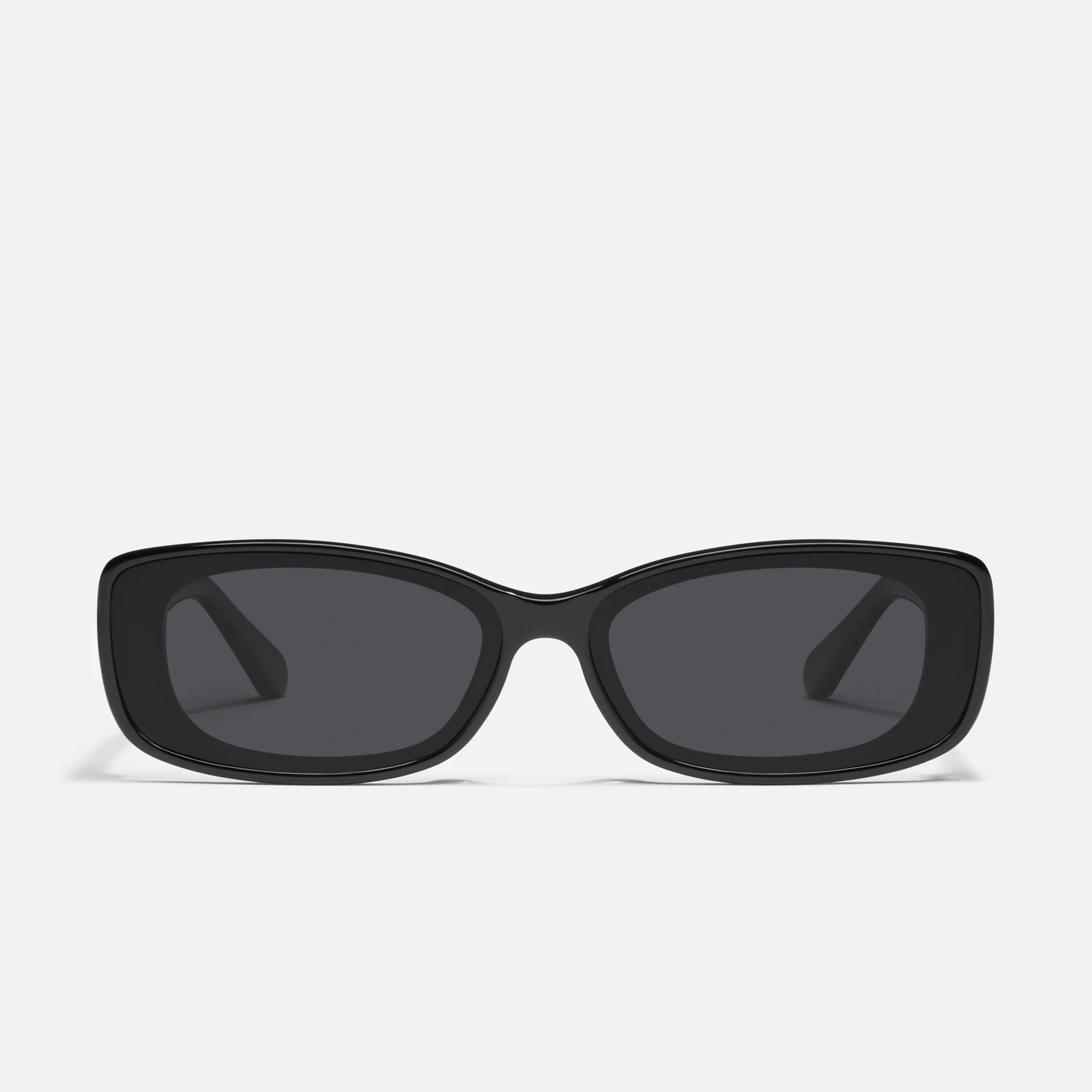 A black rectangle shaped sunglass with dark grey lenses. 