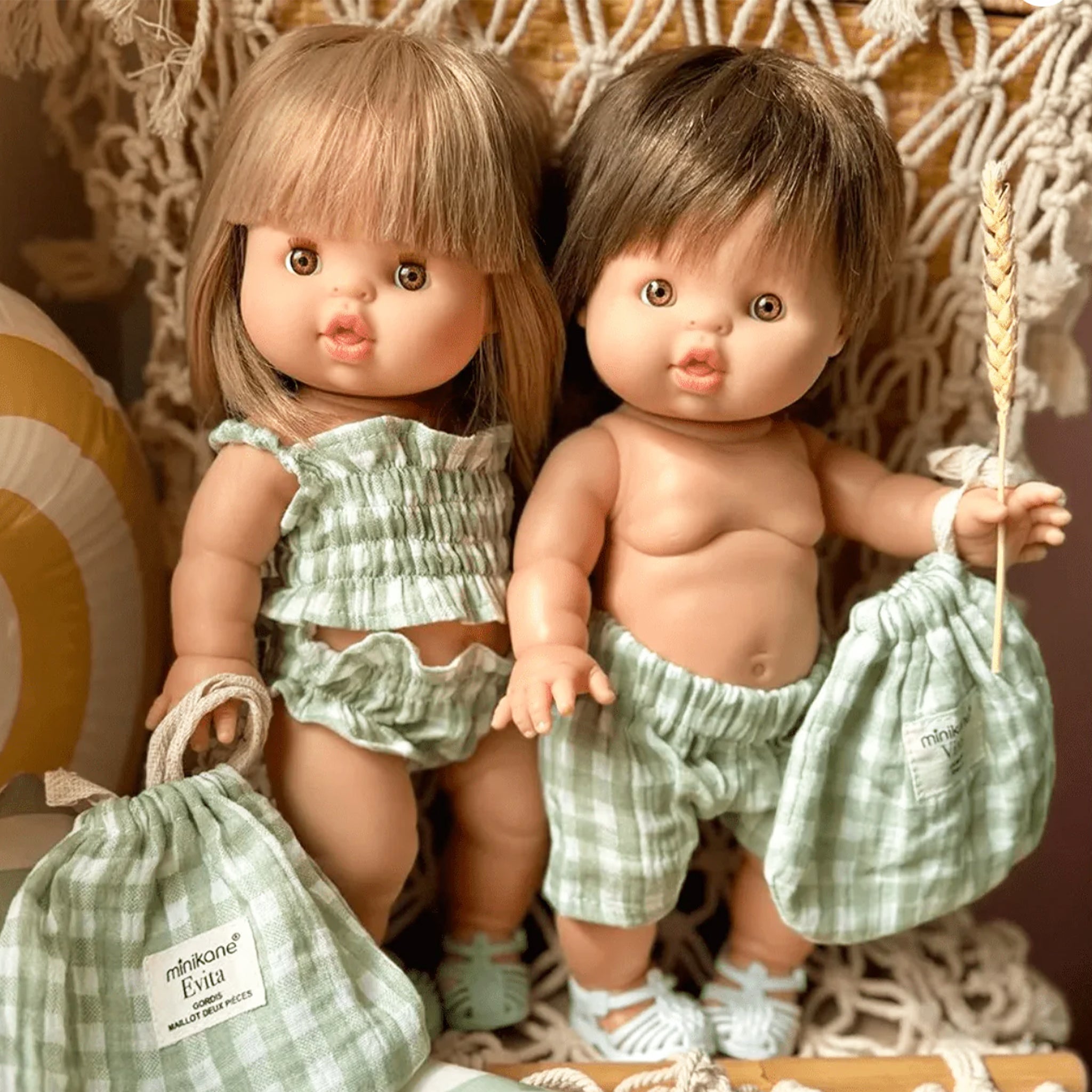 A pair of green and white gingham shorts.