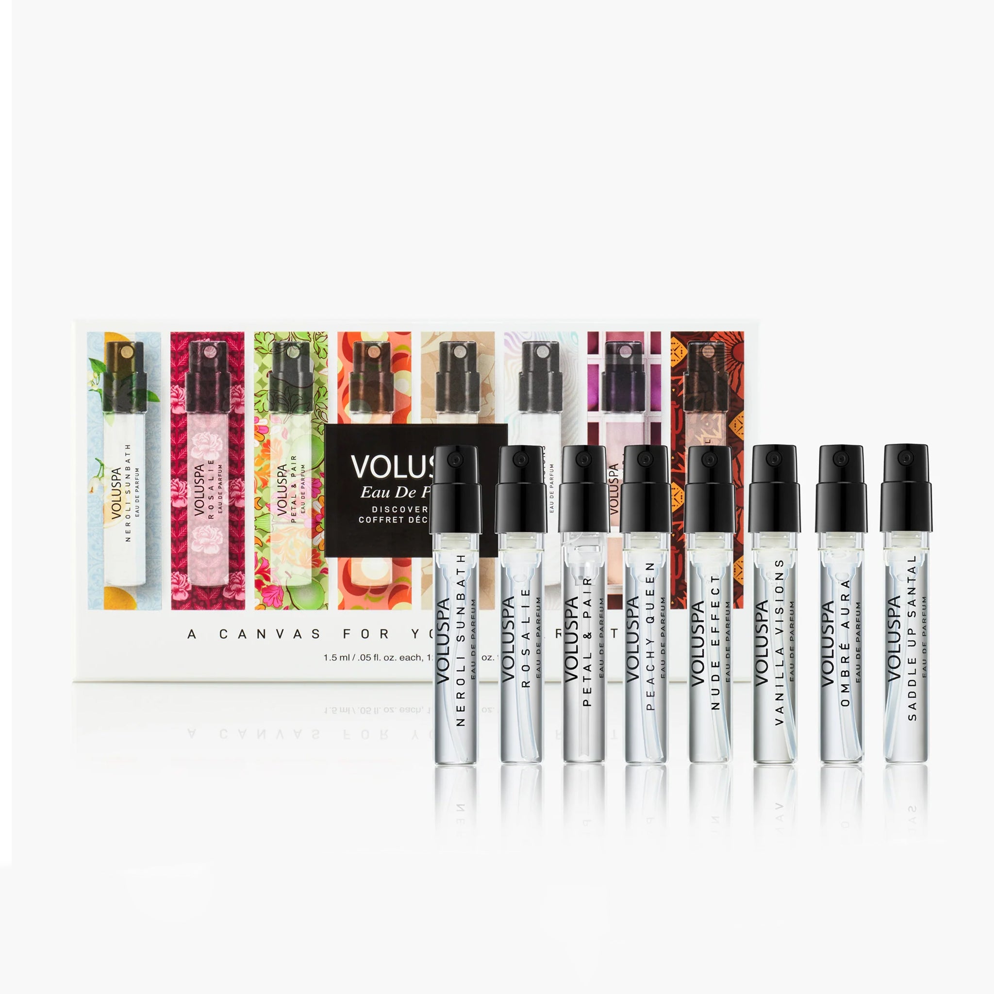 A discovery set of mini Voluspa sample sprays. 