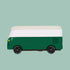 A green and white wooden VW bus toy. 