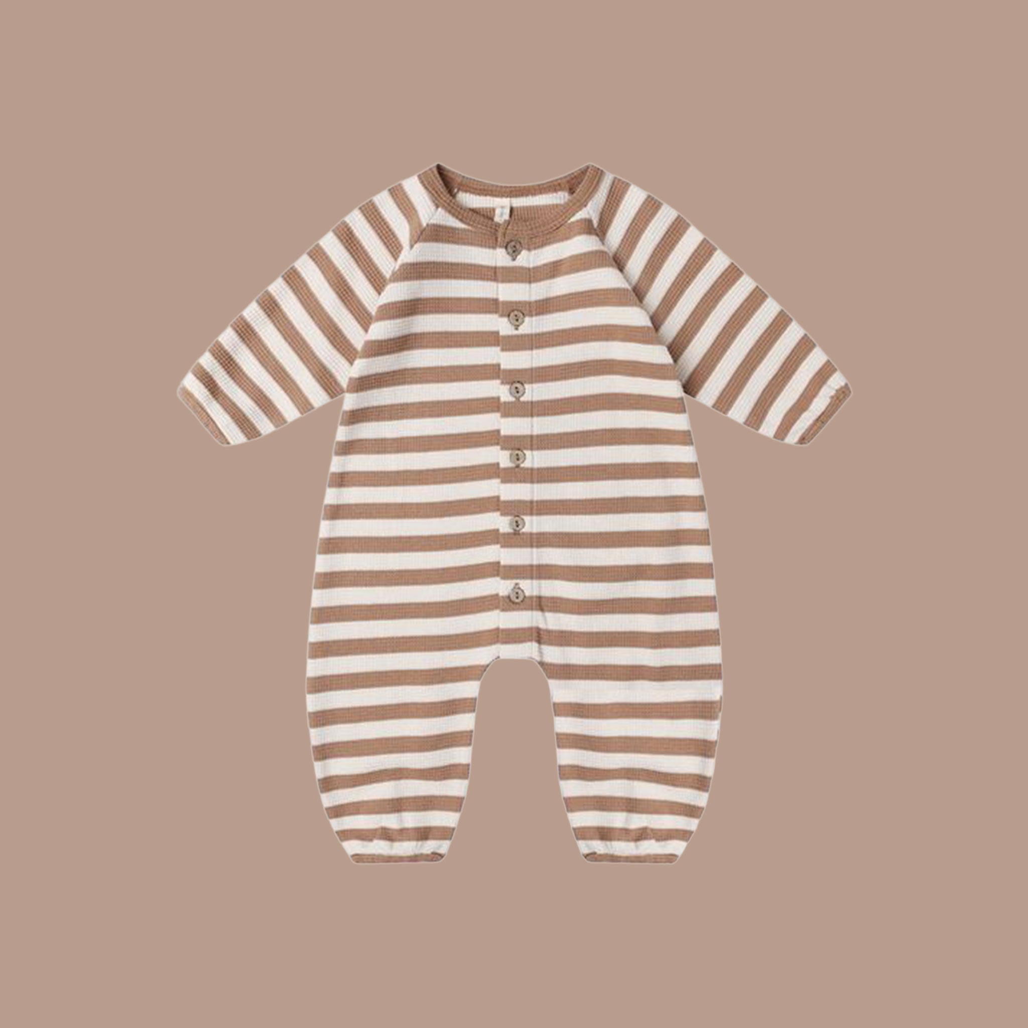 Long sleeve and long pant jumpsuit for babies with a light brown and off white stripe print. The jumpsuit has 6 buttons down the front. 