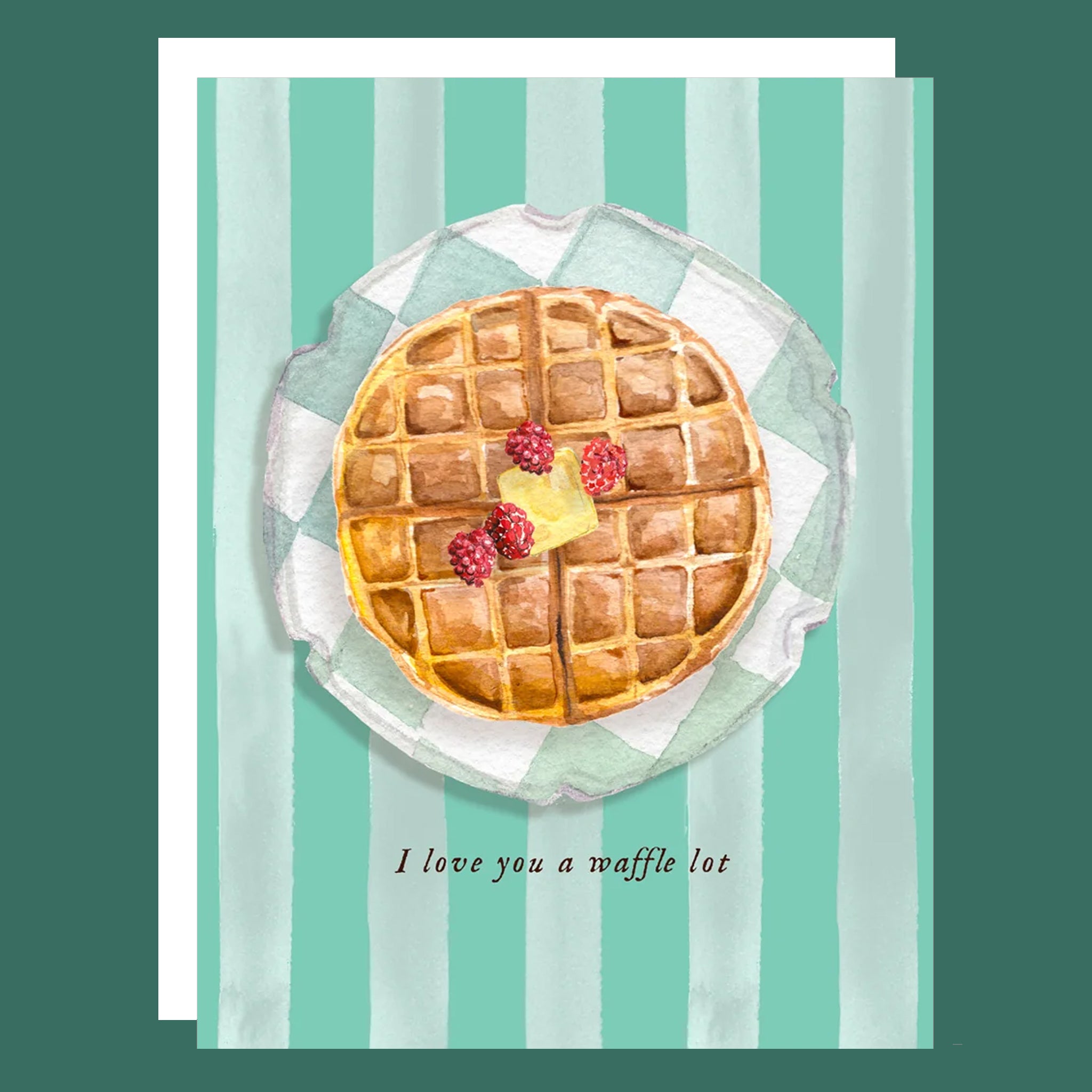 A green striped card with an illustration of a waffle and text underneath that reads, 'I love you a waffle lot'. 