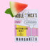 On a pink background is a packet of cocktail mix in a white and hot pink packaging that has an illustration of a margarita glass along with black text that reads, "Noble Micks Single Serve Craft Cocktails, Watermelon Mint Margarita".