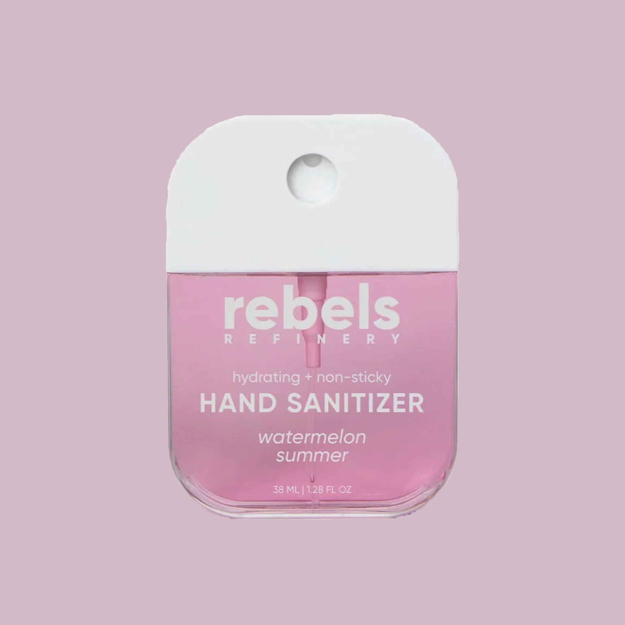 A white and clear pocket sized hand sanitizer that reads, 'rebels refinery hydrating + non-sticky hand sanitizer watermelon summer'. 