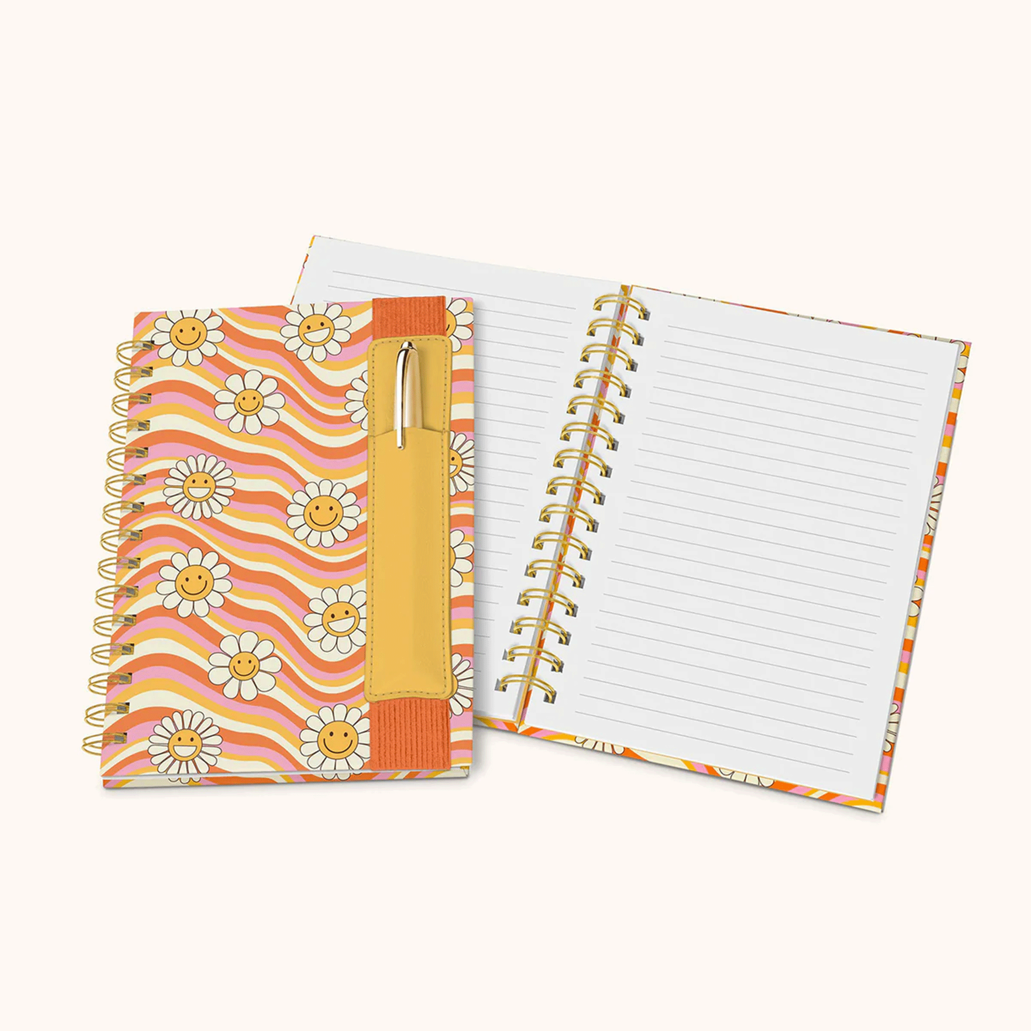 On a white background is an orange, yellow and pink wavy designed notebook with smiling daisies and a pen pocket.