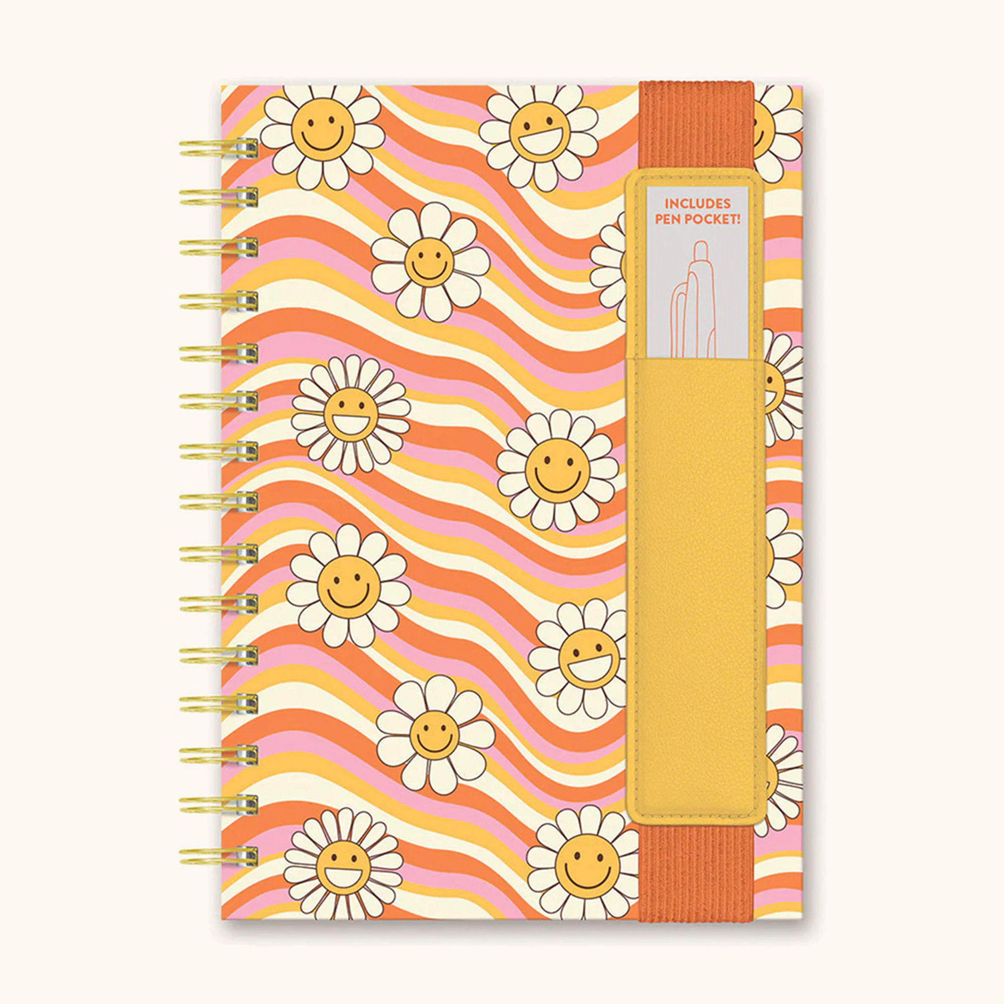 On a white background is an orange, yellow and pink wavy designed notebook with smiling daisies and a pen pocket. 