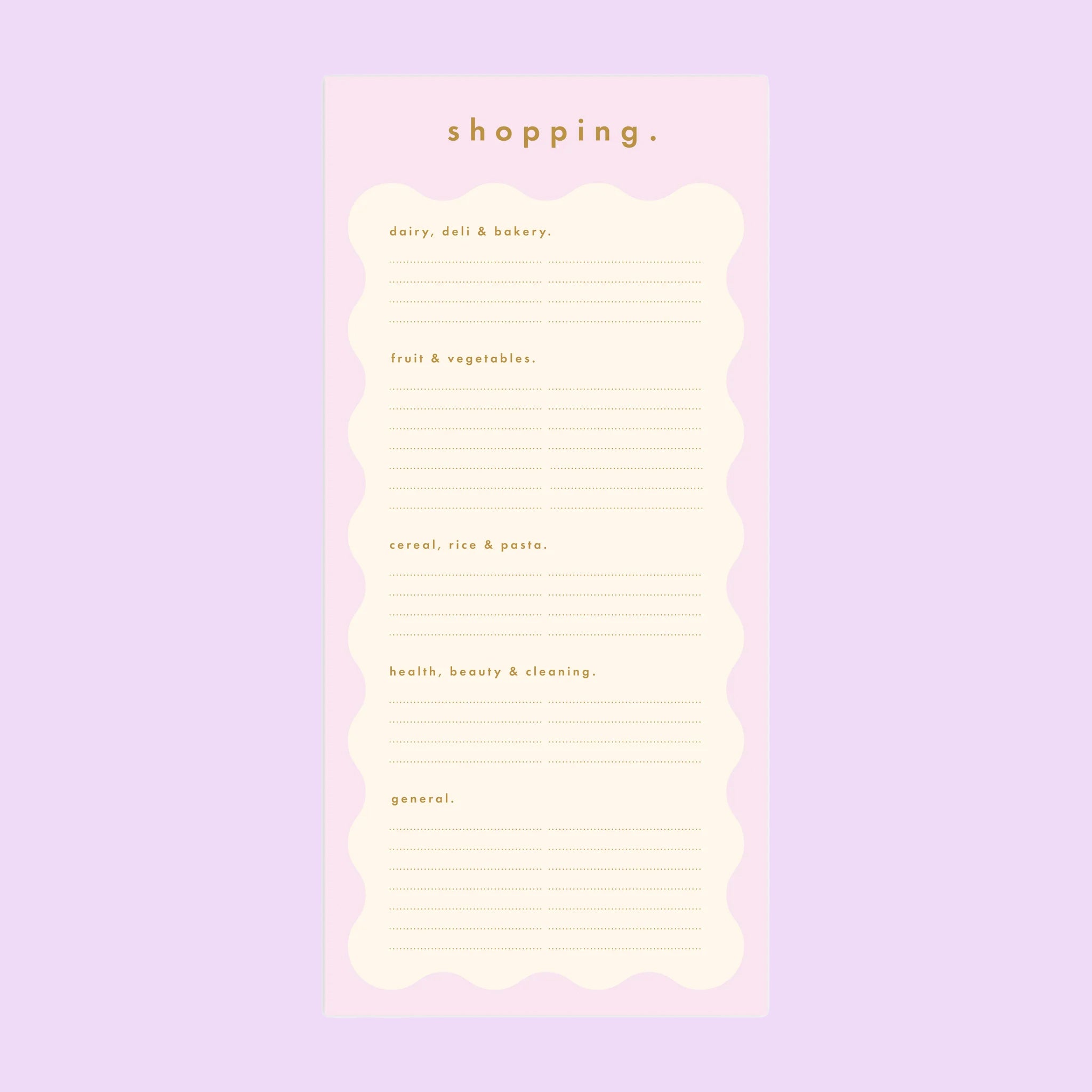 On a purple background is a lilac purple and ivory shopping notepad with a wavy design around the border and text that reads, "shopping.", "dairy, deli & bakery.", "fruit & vegtables.", "cereal, rice & pasta.", "health, beauty & cleaning" and "general.". 