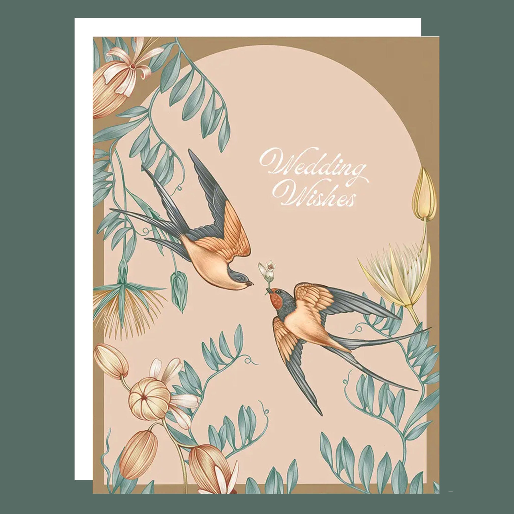 A tan and brown card with two birds and a floral design with text that reads, 'Wedding Wishes'. 