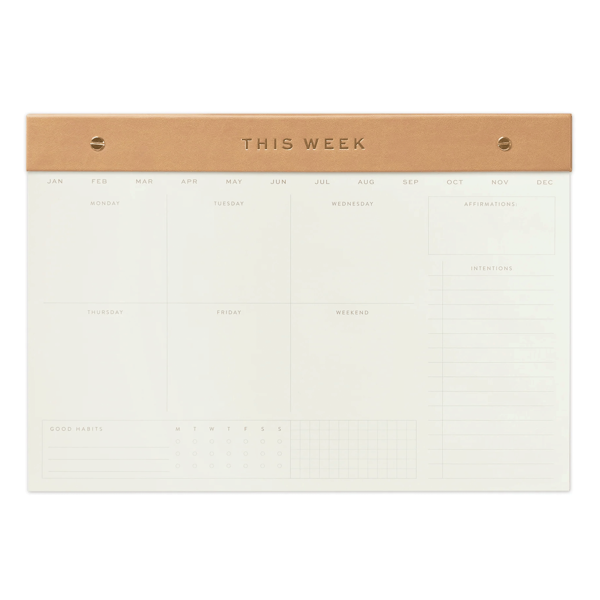 On a white background is a notepad with a camel brown header and the months of the year as well as the days of the week. 