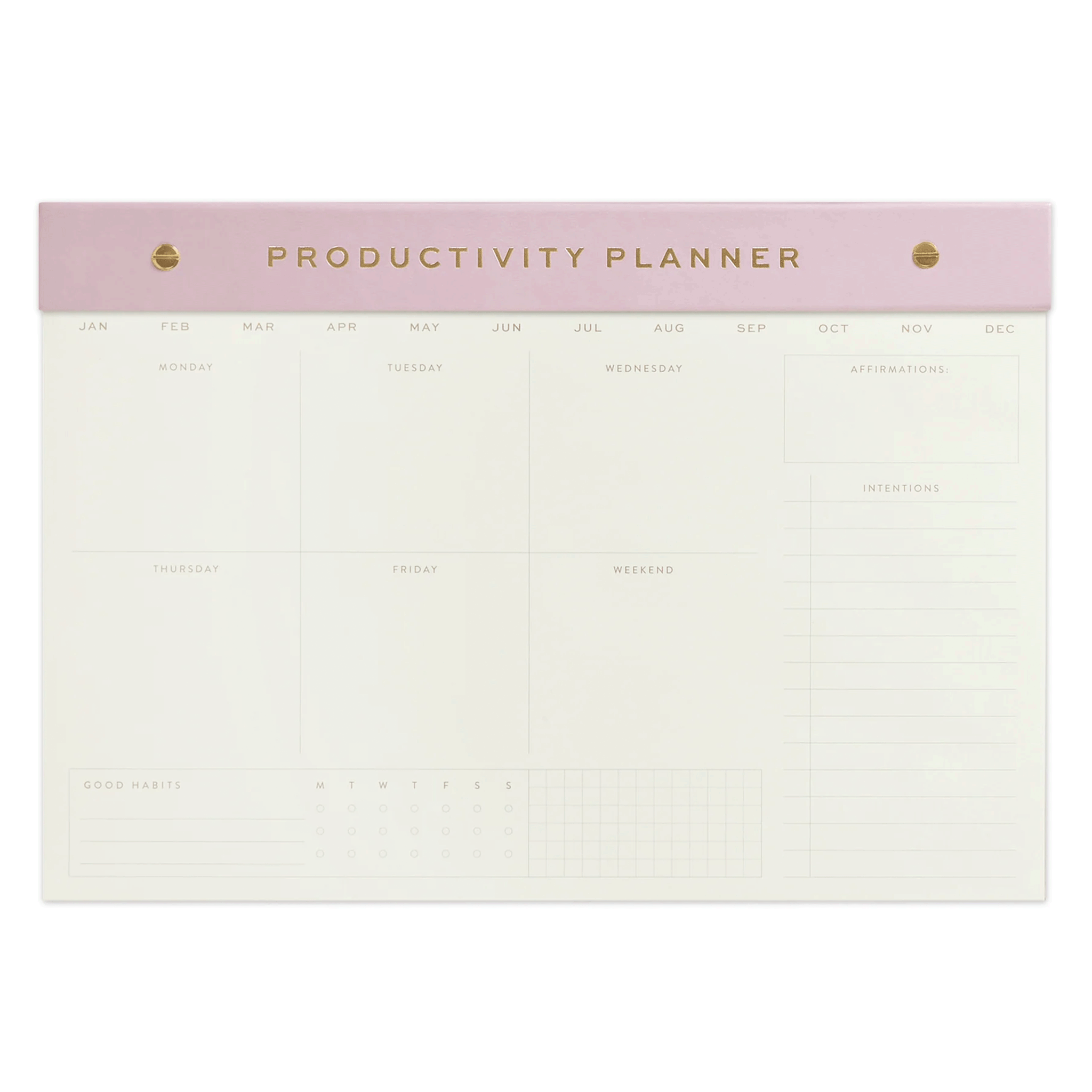 On a white background is a notepad with a lilac colored header that reads, "Productivity Planner". 