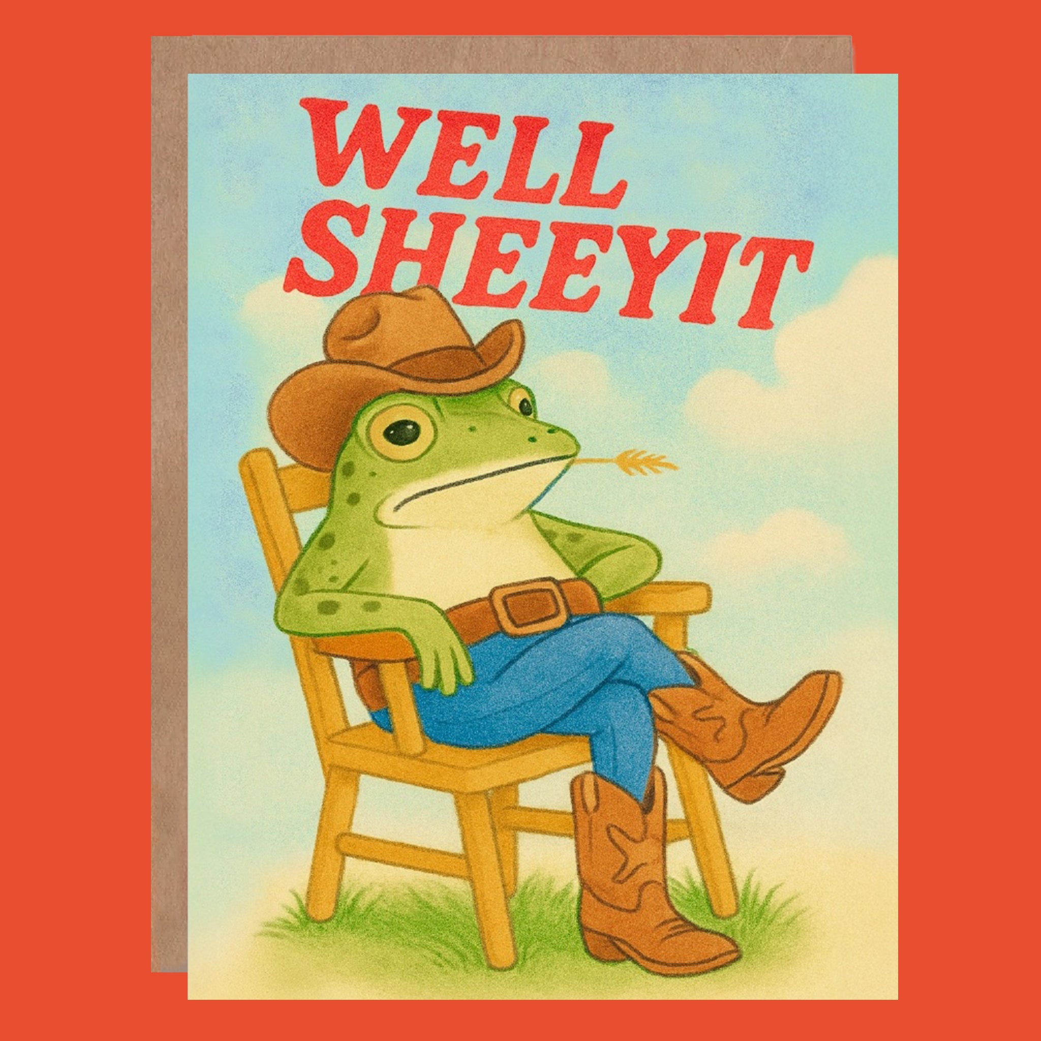 Greeting card with a frog in cowboy attire. The card reads "Well Sheeyit".