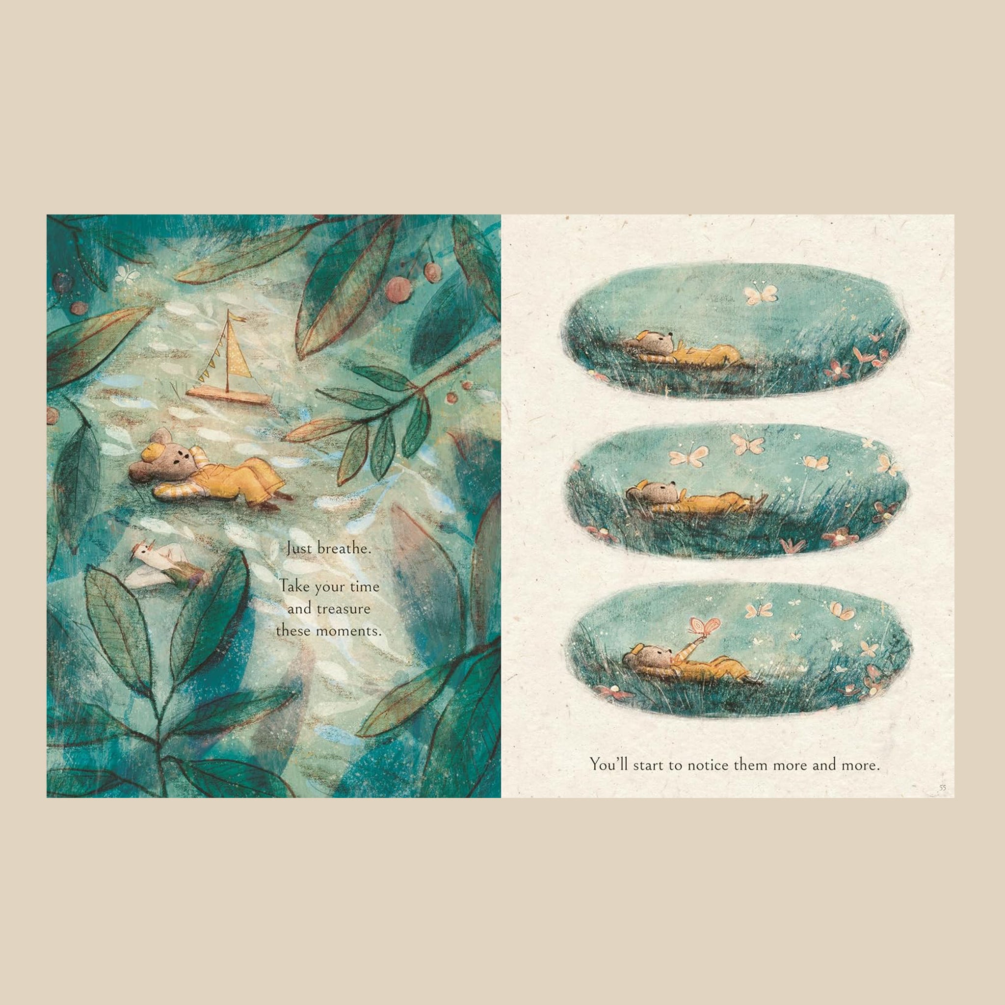 A look inside of the book of illustrations of the mouse looking up at the sky and text that reads, 'Just breath. Take your time and treasure these moments. You'll start to notice them more and more'. 