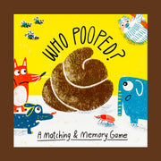 On a yellow background is a children's game with a colorful box featuring artwork of a pile of poop and various animal illustrations 