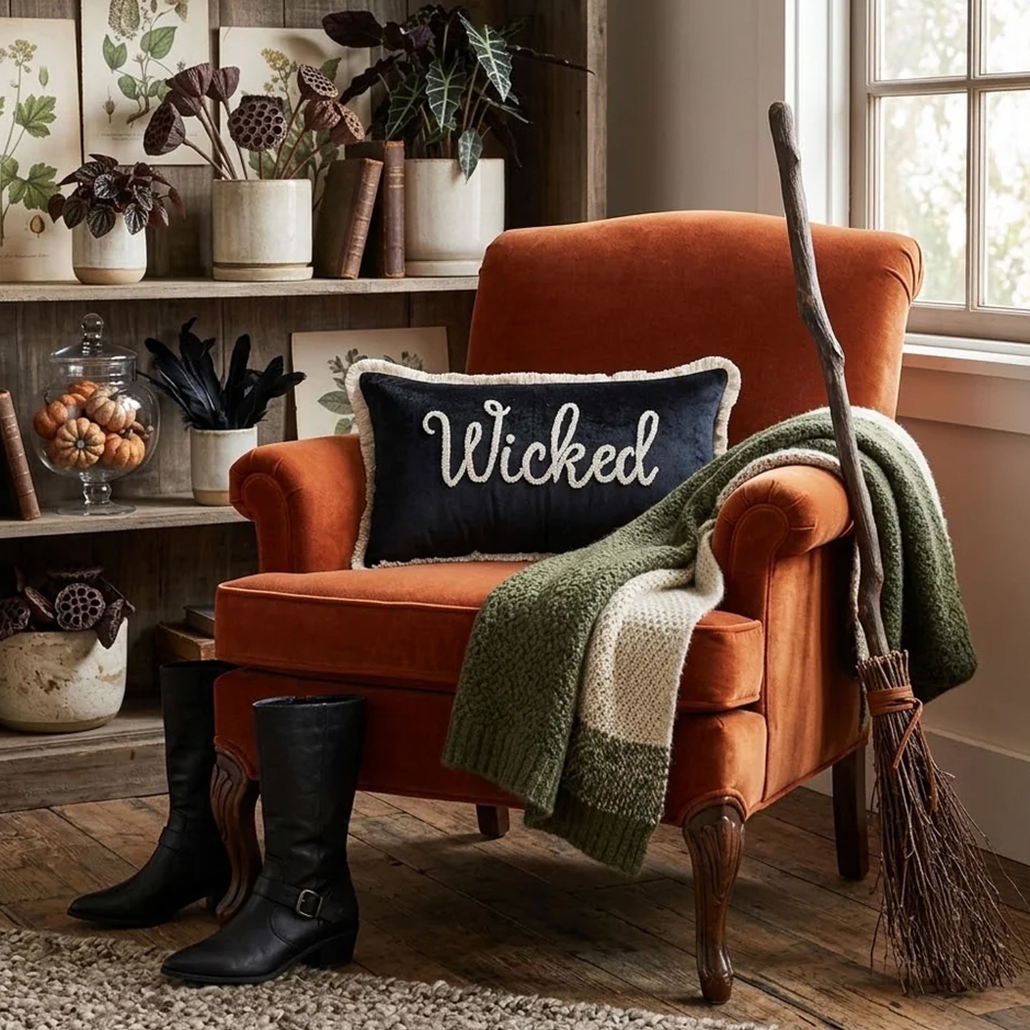 A black velvet cushion with white fringe detailing around the edge and embroidered white text in the center that reads, 'Wicked'. 