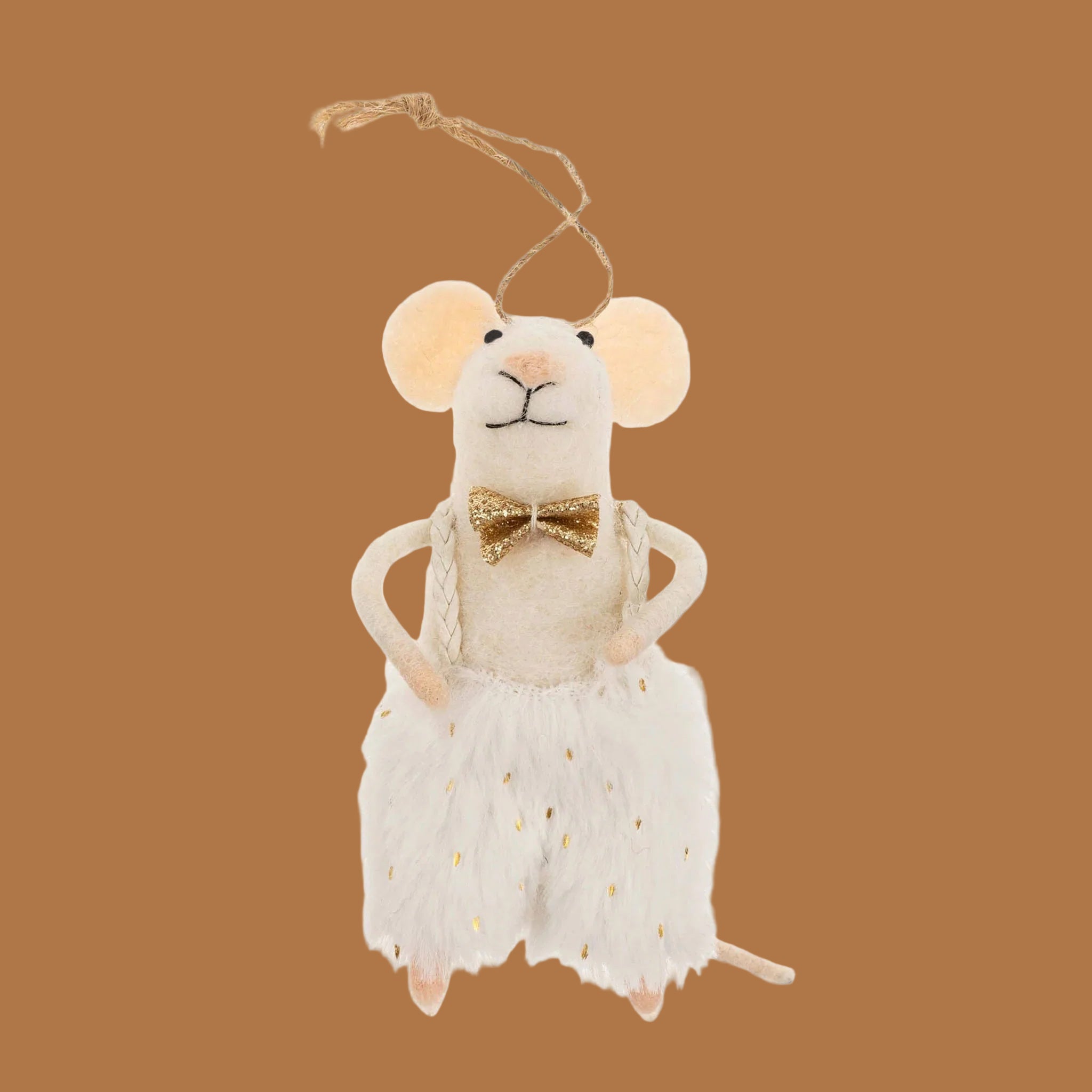 A white mouse shaped ornament wearing a bowtie and fuzzy pants. 