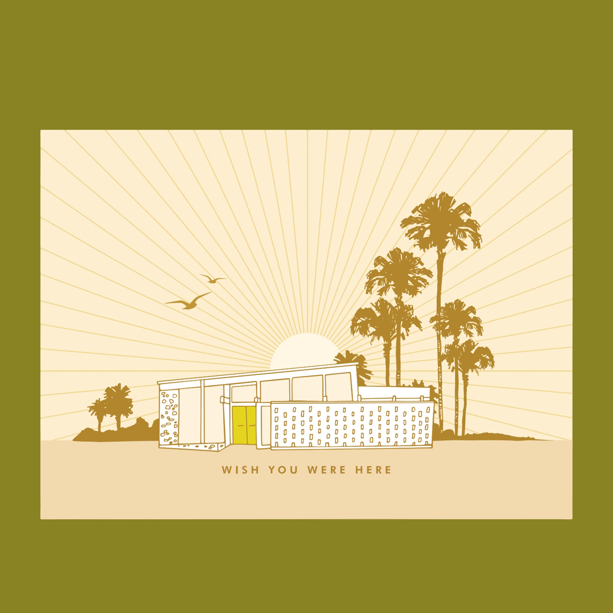 A postcard featuring a mid century house graphic with birds flying over and tall palm trees.  The card is a yellow color and the house has a bright green door.  The postcard is on a lime green ground.