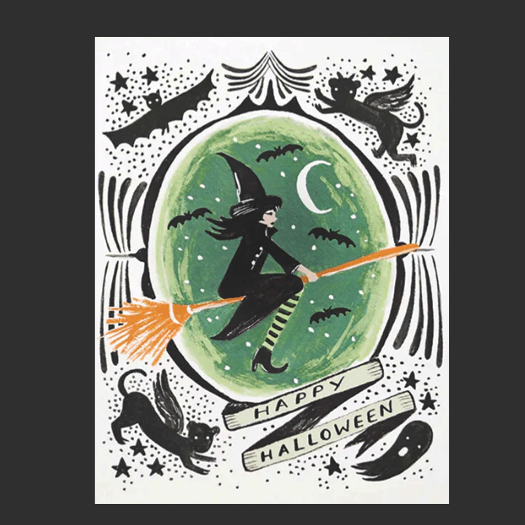 A white card with an illustration of a witch on a broomstick in front of a green background and spooky designs around the edge as well as text that reads, 'Happy Halloween". 