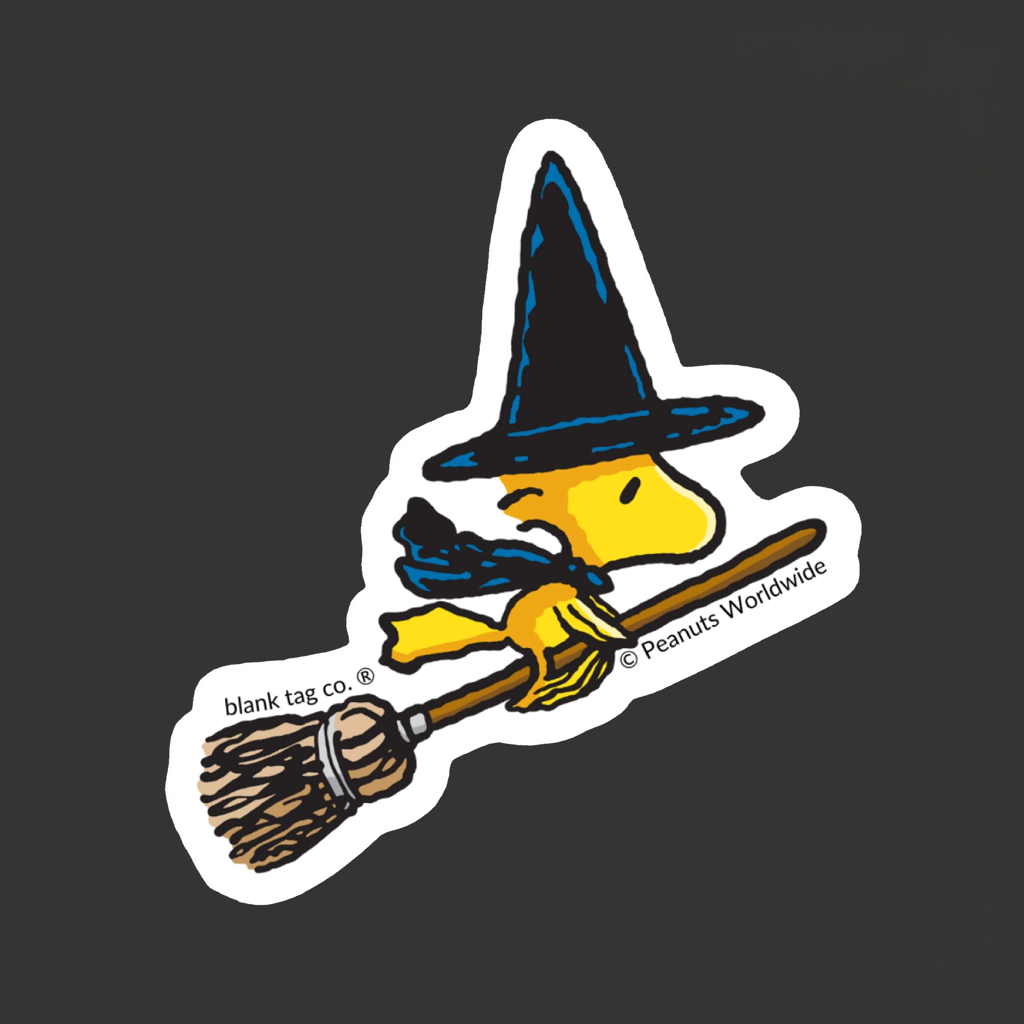 Woodstock in a witch hat riding a broom.