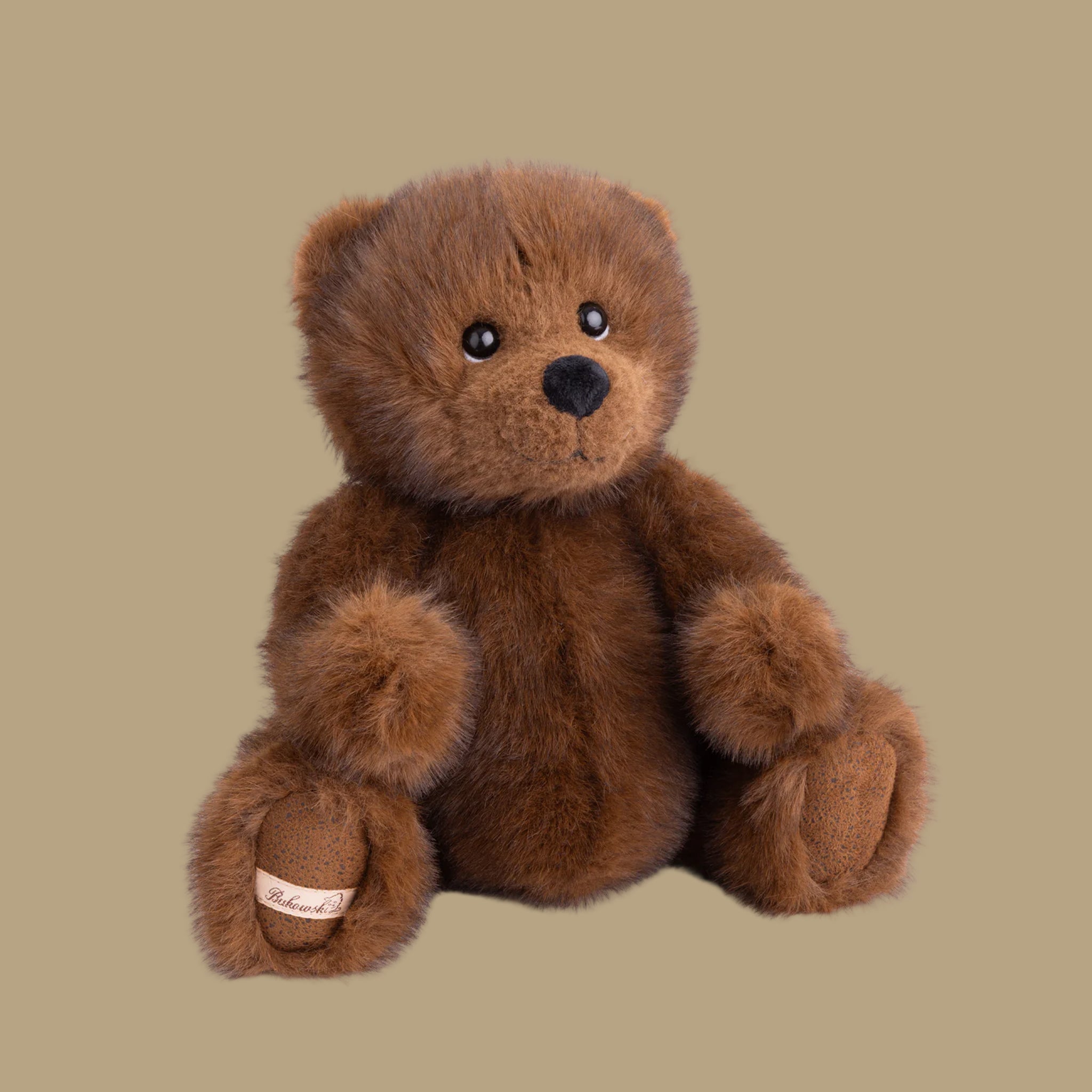 A brown bear shaped stuffed animal toy. 